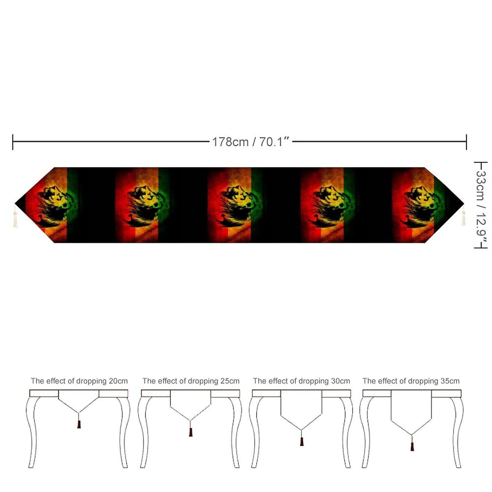 African Lion of Judah Rasta Rastafari Jamaica Flag Table Runner - 70x13 Inch White Cotton Dresser Scarf for Dining Table, Kitchen Decor, Holiday Parties & Ethiopian Celebration - Perfect for Cultural Events & Home Decoration