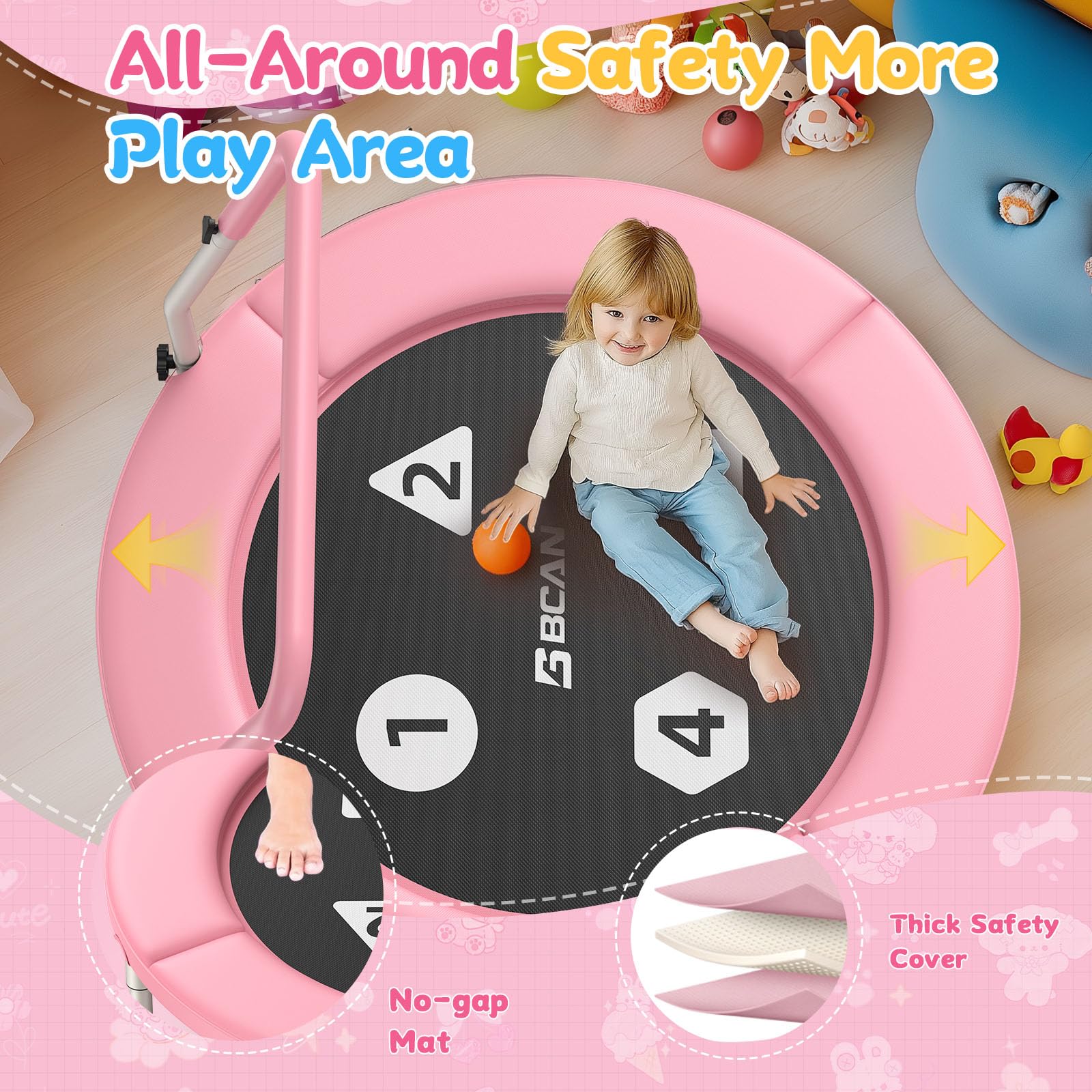 BCAN 36'' Foldable Toddler Trampoline with Adjustable Handle - Safe Mini Trampoline for Kids Ages 1-6 - Indoor/Outdoor Baby Jumping Toy with Safety Pad & Foldable Legs - Perfect Gift for Boys & Girls - Ideal for Playrooms, Backyards & Birthday Parties