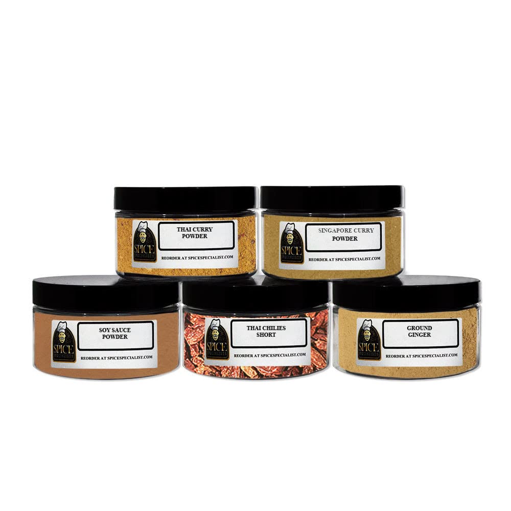 Premium Thai Spices Gift Set - 5 Assorted Spice Jars: Thai Curry, Ground Ginger, Soy Sauce Powder, Singapore Curry Powder & X-Hot Chilies | Perfect for Asian Cooking, Meal Prep & Gourmet Gifts