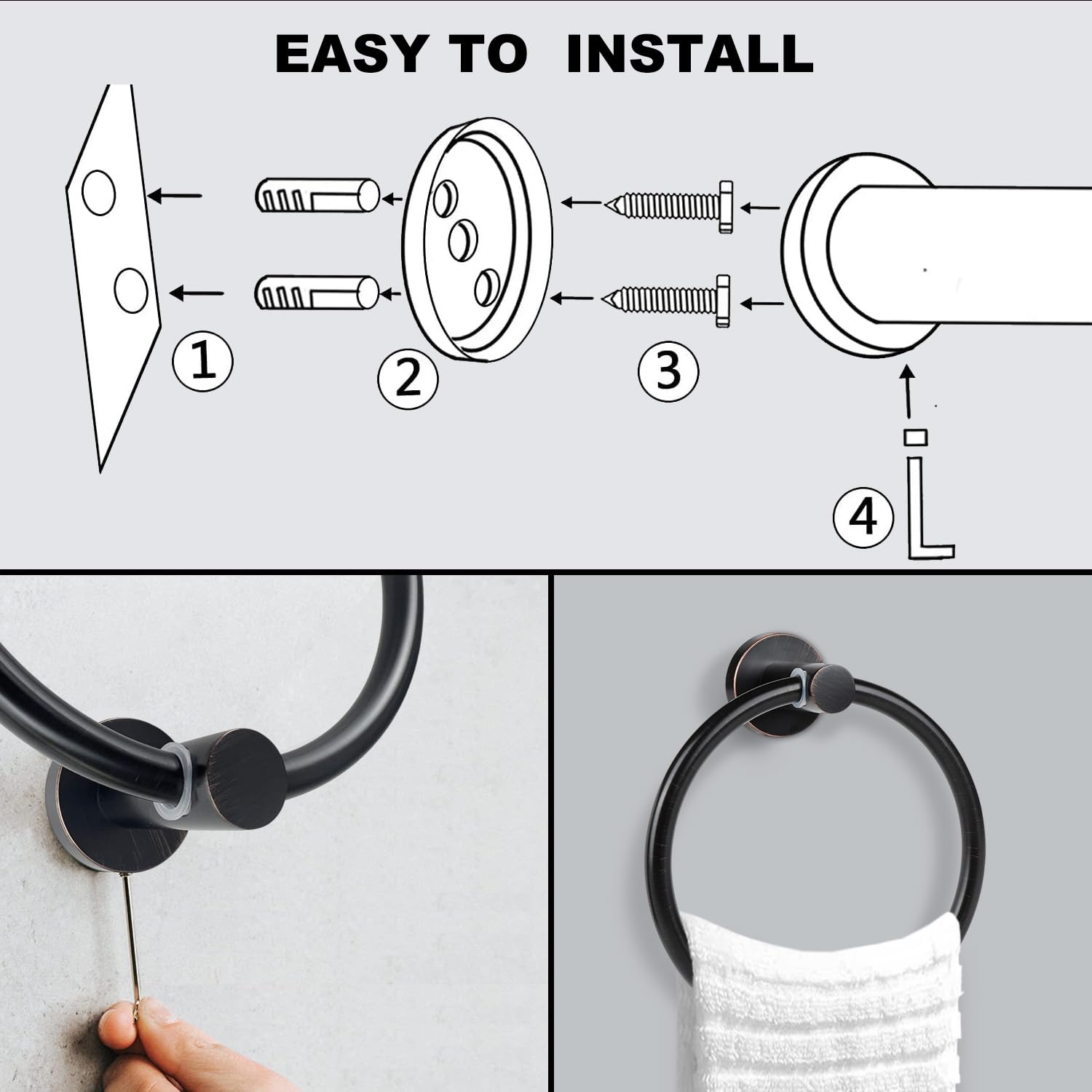 Oil Rubbed Bronze Towel Ring - SUS304 Stainless Steel Bathroom Towel Holder - Wall Mounted Hand Towel Rack for Bathroom - Durable Bath Hardware Accessories - Perfect for Spa, Guest Bath, and Luxury Home Decor