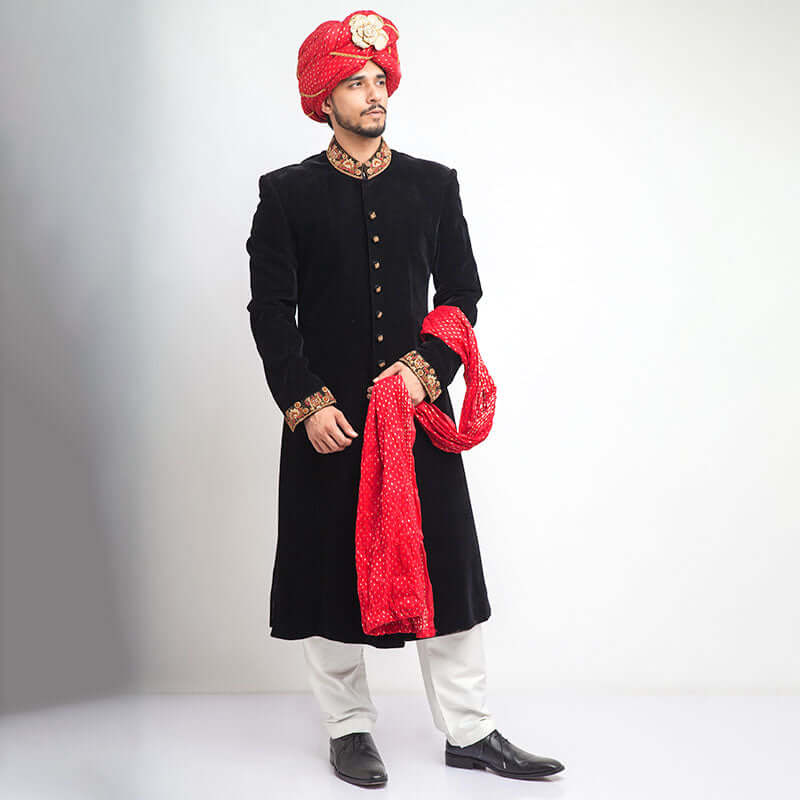 Jet Black Cocktail Velvet Sherwani for Men - Slim Fit Indian Wedding Suit with Embroidery | Perfect for Groom Wear, Festive Occasions & Cultural Events