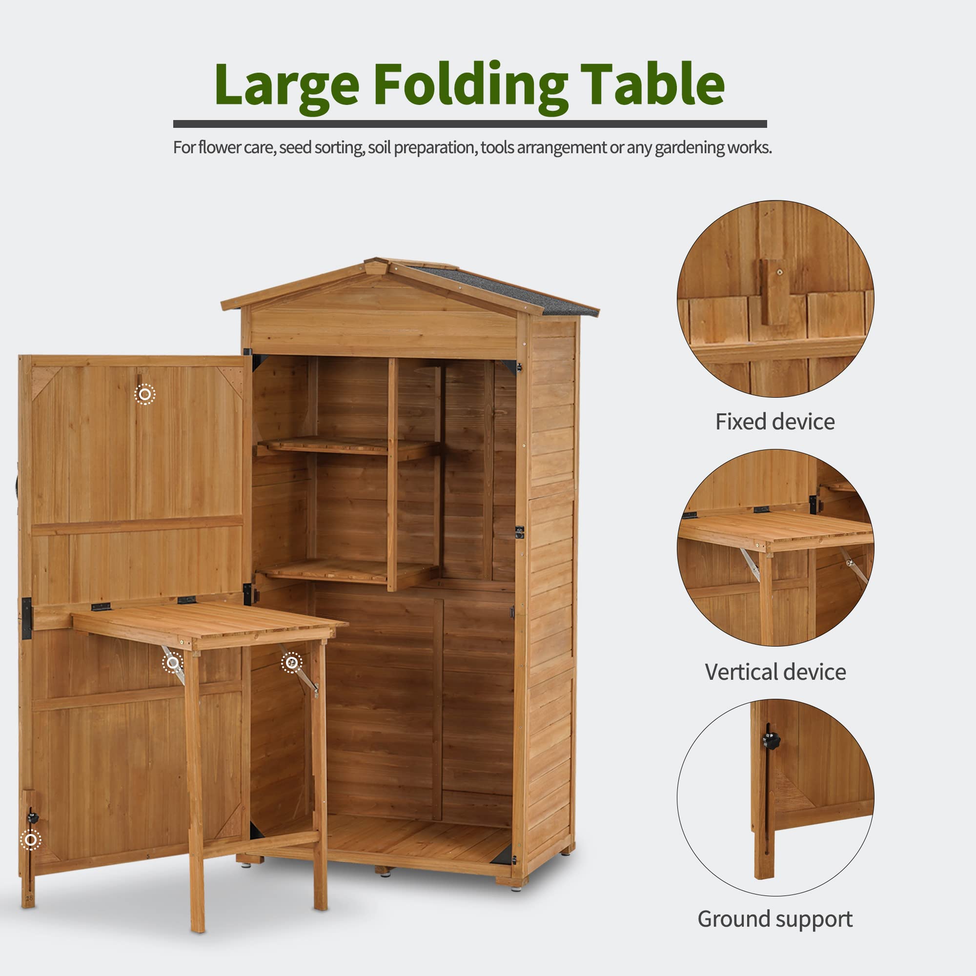 MCombo Large Outdoor Storage Cabinet with Folding Table - Oversized Wooden Garden Shed with Shelves & Lock - Weatherproof Patio Yard Storage for Tools, Lawn Equipment & Outdoor Gear - Perfect for Backyard, Garage & Poolside Organization