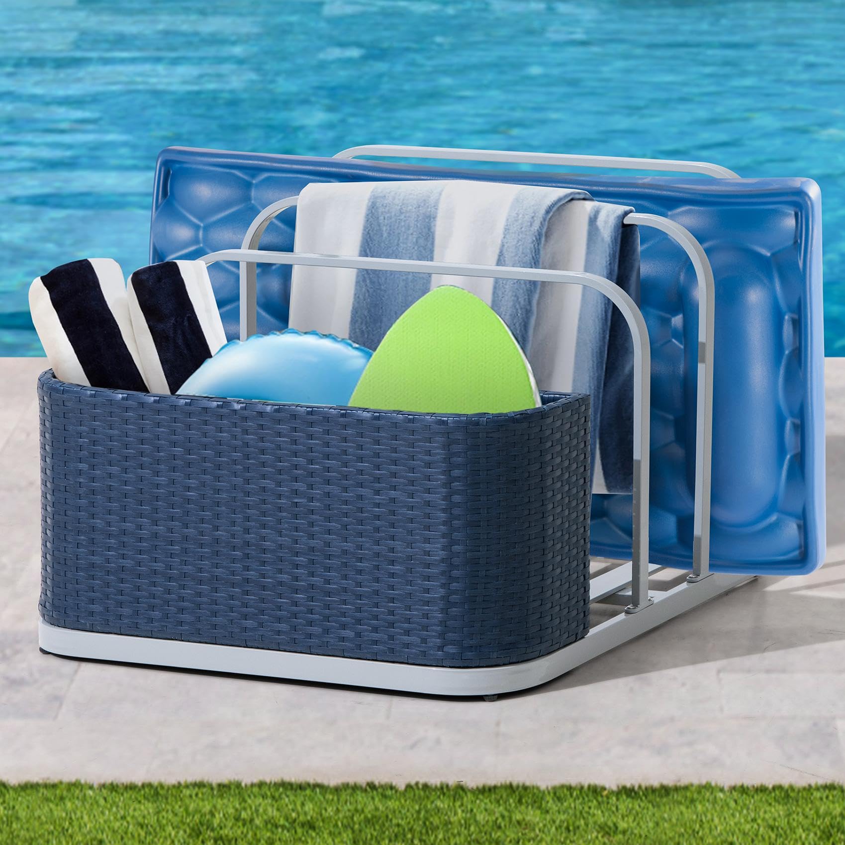 Sunjoy 35-Inch Rust-Proof Aluminum Pool Float Storage Rack – Outdoor Wicker Poolside Organizer for Cushions, Floaties, Noodles & Pool Toys (Navy) – Perfect for Backyard, Poolside & Patio Storage