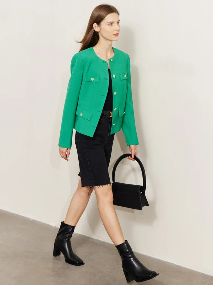 Stylish Minimalist Women's Jacket - Spring Lightweight Tuxedo Coat with Elegant Round Neck & Straight Shoulder | Perfect for Office Wear, Casual Outings & Spring Fashion