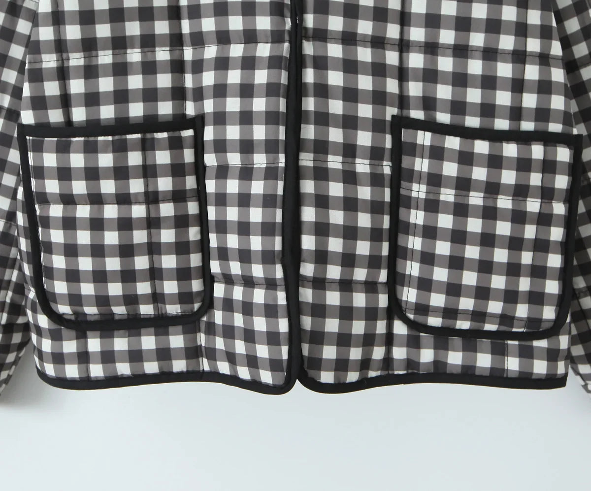 Women's Autumn Plaid Quilted Cotton Jacket - Warm Black & White Short Coat for Fall Fashion | Perfect for Outdoor Activities, Work Commutes & Casual Outings