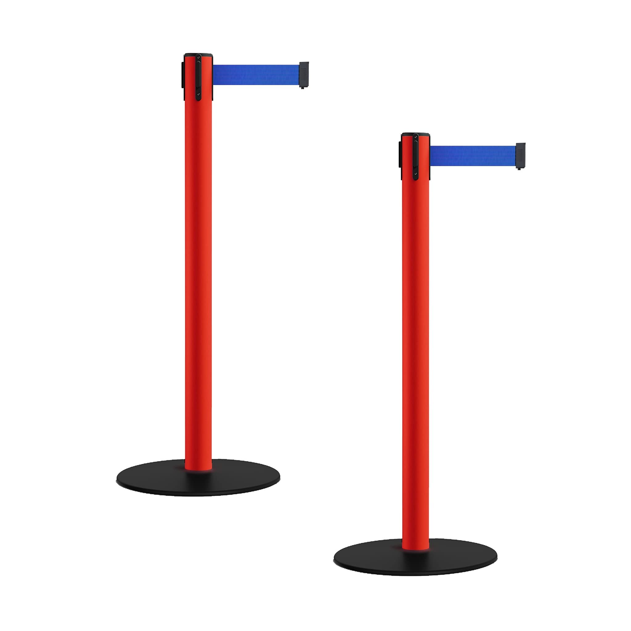 Retractable Belt Barrier Stanchion Set of 2 - Low Profile Base with Red Posts & 7.5ft Blue Belt - CCW Approved for Crowd Control | Perfect for Events, Queues, and Retail Spaces
