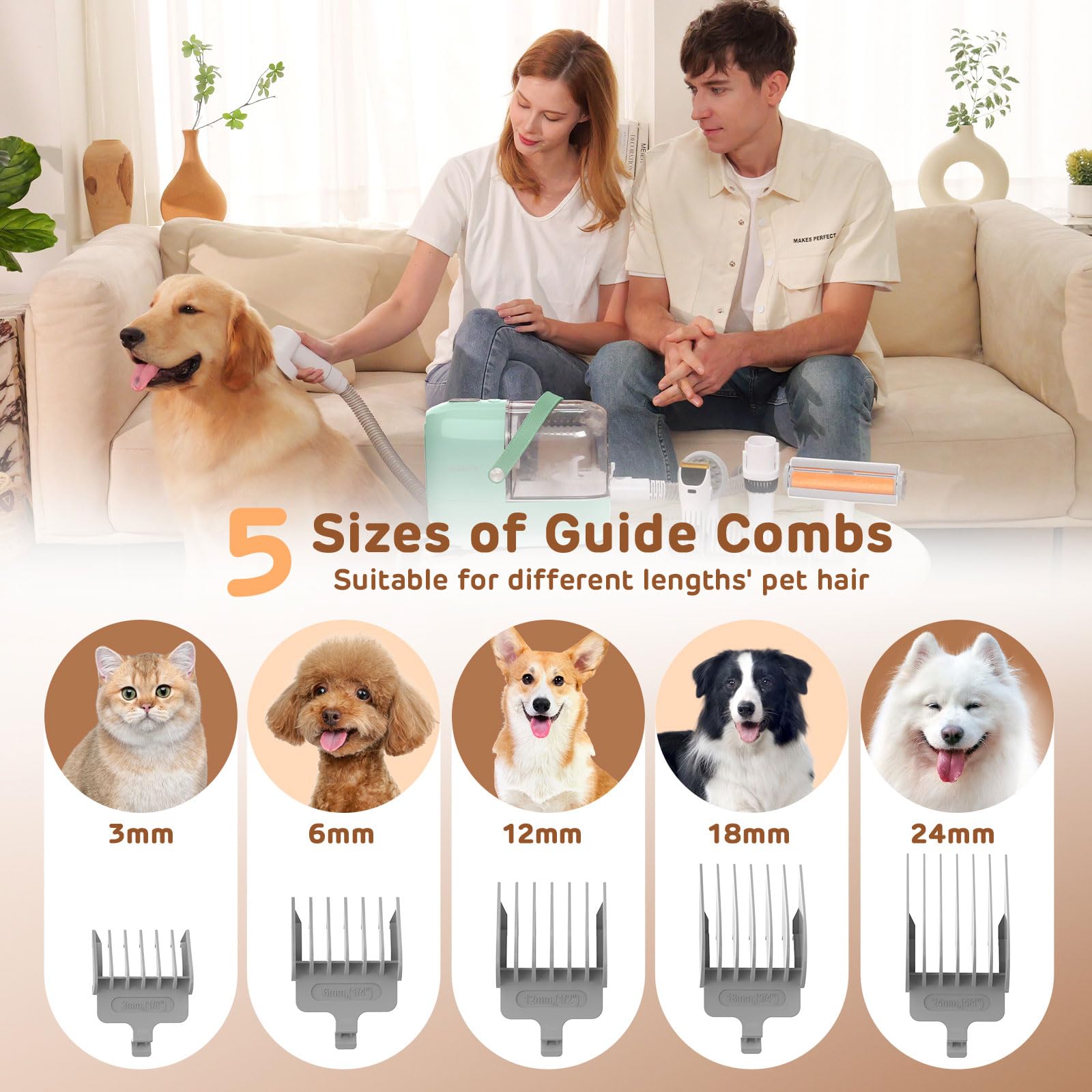 3L Dog Grooming Vacuum Kit with 7 Pet Grooming Tools - Low Noise Electric Clipper & Brush for Shedding Control - Perfect for Home Pet Grooming & Hair Removal (Green/Dark Green)
