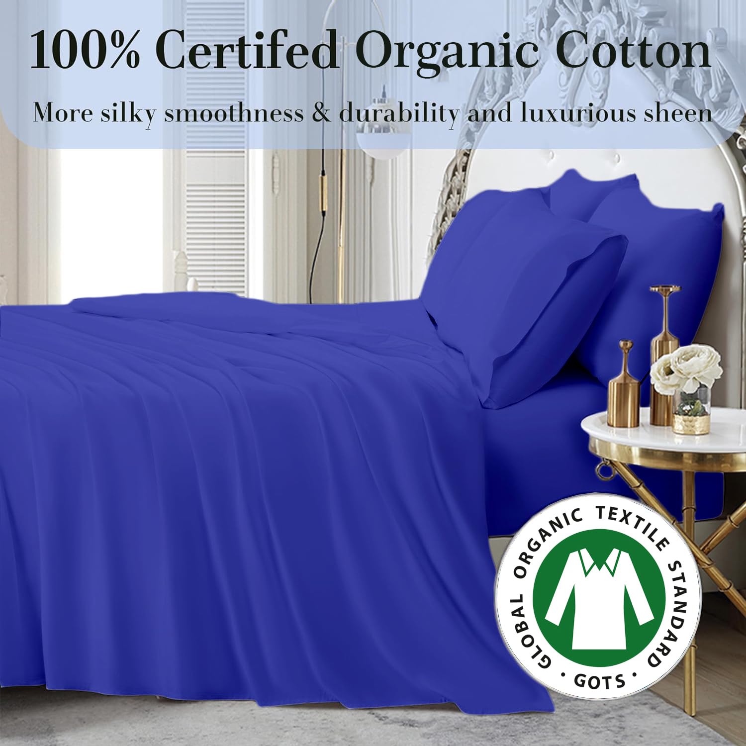 4-Piece California King Organic Cotton Sheet Set - 800 Thread Count, Soft & Breathable Luxury Bedding with 8-12