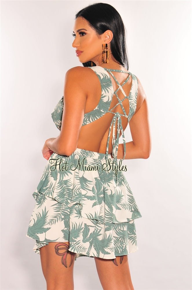 Elegant White Palm Print V-Neck Cut-Out Lace-Up Back Dress for Women - Perfect for Summer Parties, Beach Vacations & Date Nights