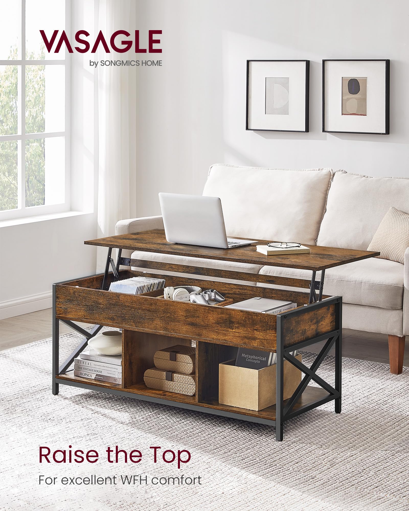 VASAGLE Industrial Lift Top Coffee Table with Hidden Storage Compartments, Rustic Brown & Black, 19.7