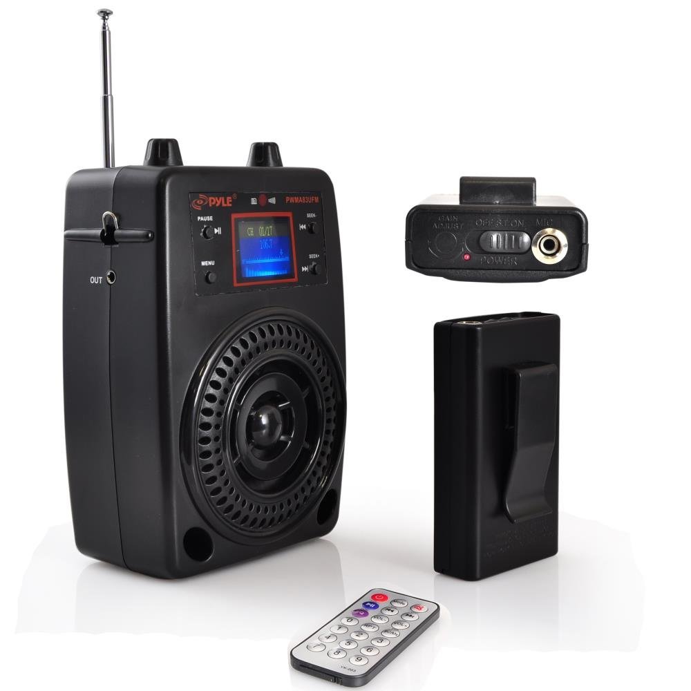 Pyle Portable PA System with Wireless Microphone Kit - Compact Stereo Bluetooth Speaker with FM Radio, LCD Display, USB & Rechargeable Battery - Includes Lavalier Headset for Outdoor Events, Parties, Public Speaking & Surround Sound (Model PWMA83UFM)