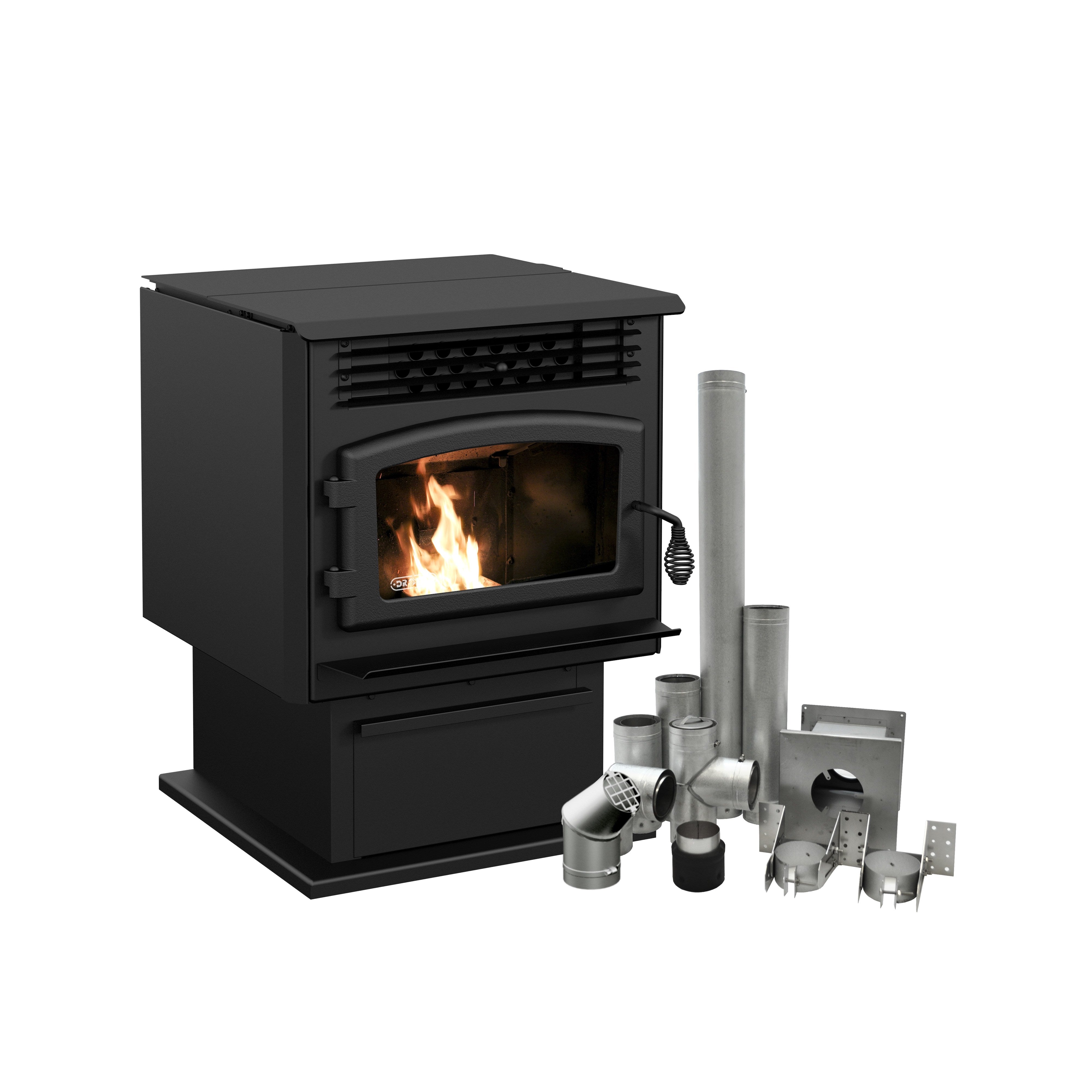 Drolet Eco 55 Pellet Stove with 3 Ground Floor Kit DP00070KVG - Efficient Home Heating for Living Rooms, Basements & Cabins
