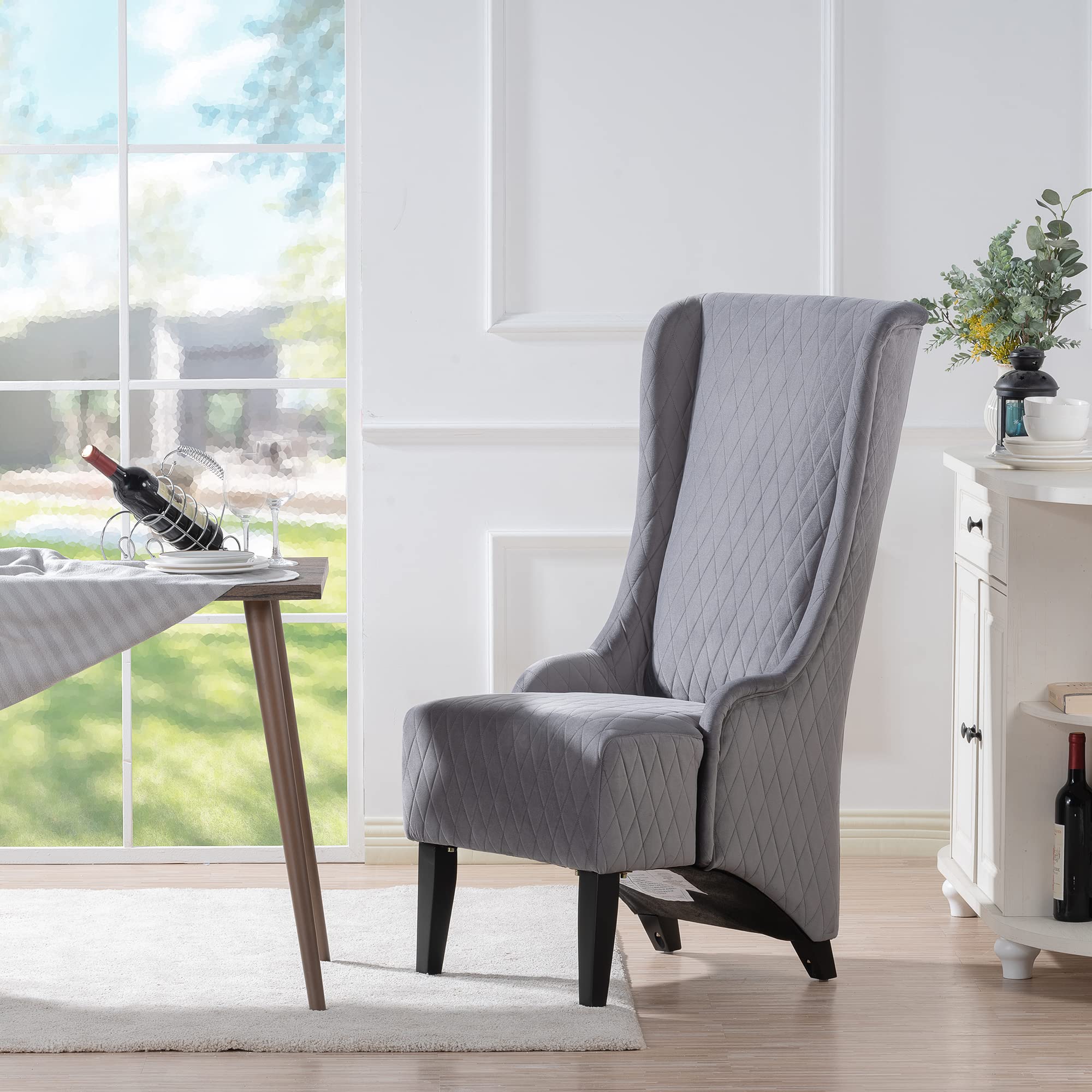 Wing Back Dining Chair - High Back Velvet Upholstered Side Chair for Living Room, Retro Accent Armless Throne Seat in Grey | Perfect for Bedroom, Dining Room, Banquet & Dinner Parties
