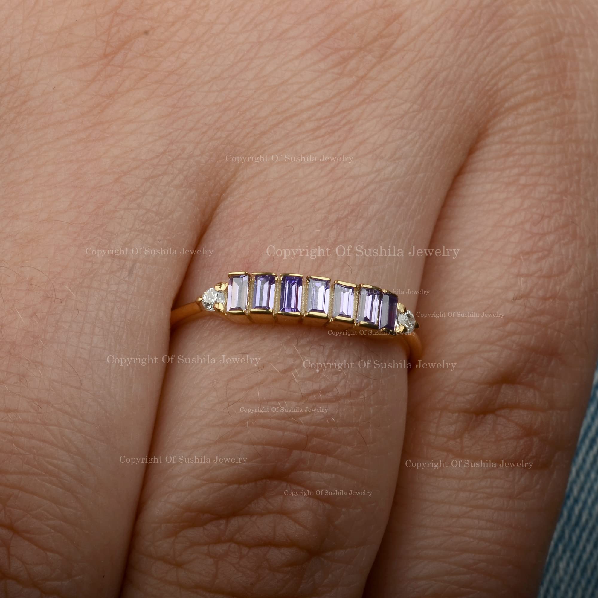 14K Gold Half Eternity Band Ring with Genuine Baguette Amethyst - February Birthstone Diamond Wedding Ring for Women | Elegant Gift for Anniversary, Valentine's Day & Special Occasions