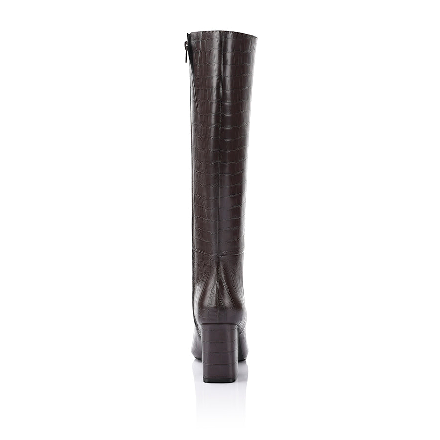 Magda Women's Knee High Tall Boots - Chocolate Brown Crocodile Embossed Leather - Fashionable Winter & Fall Boots for Office, Party & Daily Wear
