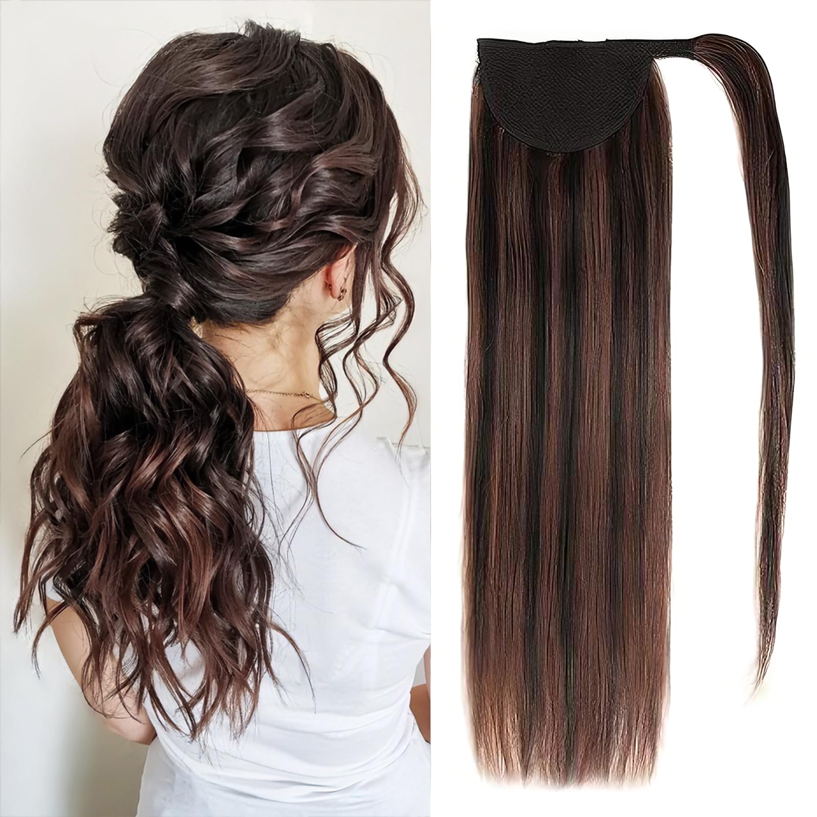 Black & Brown Clip-In Ponytail Hair Extensions - 100% Remy Human Hair - Seamless Wrap-Around Design for Natural Volume & Length - Perfect for Parties, Weddings & Everyday Styling