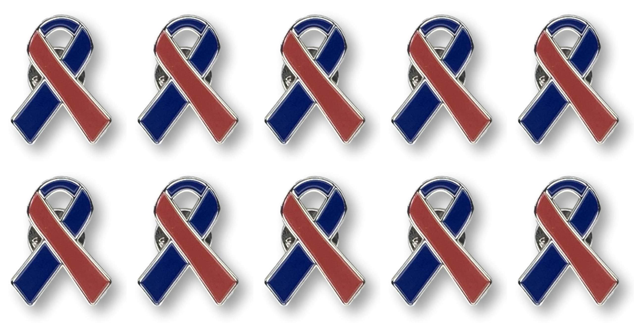10-Piece Red & Blue Awareness Enamel Ribbon Pins with Metal Clasps - Support Congenital Heart Disease, Noonan Syndrome & Pulmonary Fibrosis - Perfect for Charity Events, Fundraisers & Awareness Campaigns
