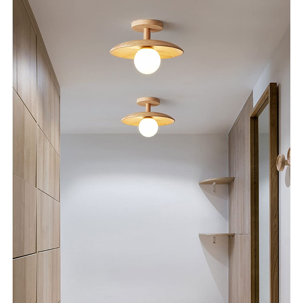 Japanese Style Wooden Flush Mount LED Ceiling Light - White Light Modern Minimalist Fixture for Bedroom, Living Room, Corridor & Entryway