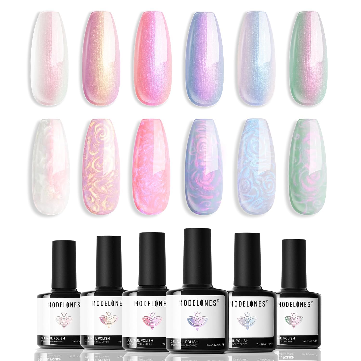 Modelones Pearl Gel Nail Polish Set - 6 Colors Aurora Iridescent Shimmer Nail Art Kit (White, Pink, Purple) for Mermaid & Shell Nail Designs | Soak Off LED/UV Glitter Gel Polish | Perfect for Easter DIY, Gift Giving & Professional Nail Salons