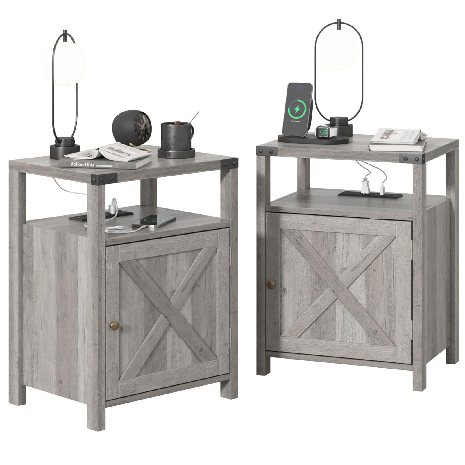 Fameill Nightstand Set of 2 - Bedside Tables with Charging Station, USB Ports & Outlets, Storage Cabinet - Farmhouse Style End Tables for Bedroom or Living Room - Perfect for Small Spaces, Guest Rooms & Modern Home Decor