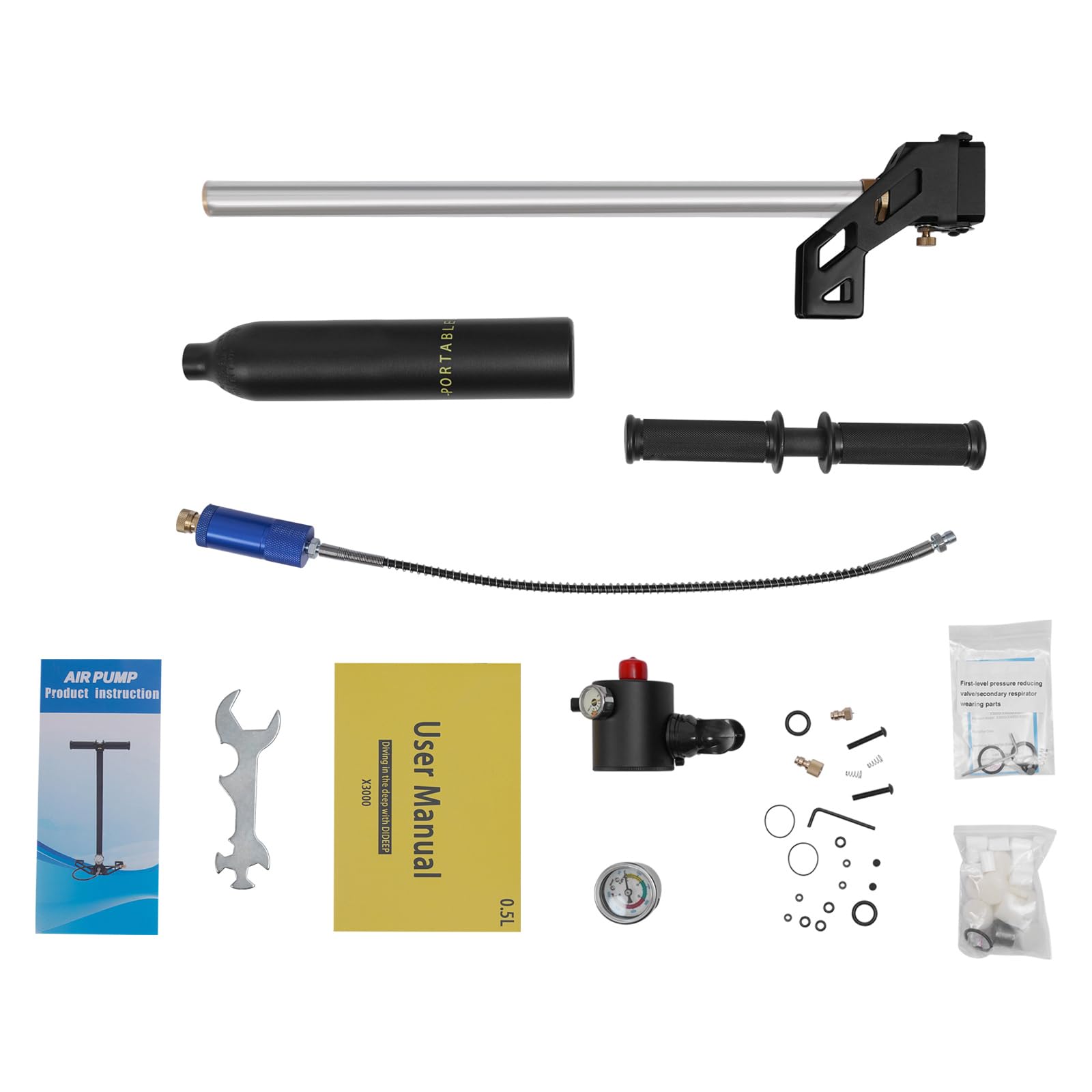 Portable Mini Scuba Oxygen Tank Pump - 0.5L/0.53Qt High Pressure Air Tank with Pressure Gauge & Regulator - Manual Underwater Breathing Equipment for Snorkeling, Diving & Emergency Oxygen Supply