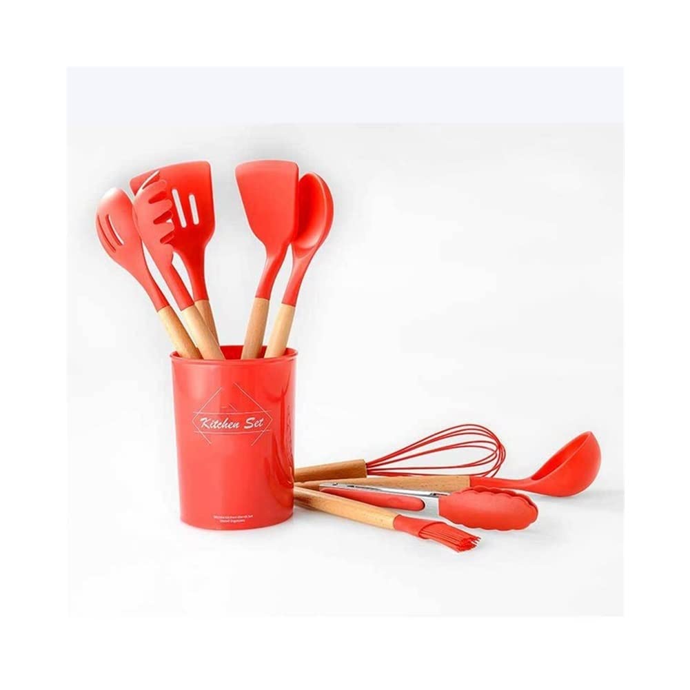 SYALEO 11-Piece Silicone Kitchen Utensil Set with Wooden Handle & Holder - Nonstick Cooking Tools for Baking, Frying, Sauteing - Perfect Gift for Home Chefs (Red) - Ideal for Everyday Cooking, Meal Prep & Kitchen Organization