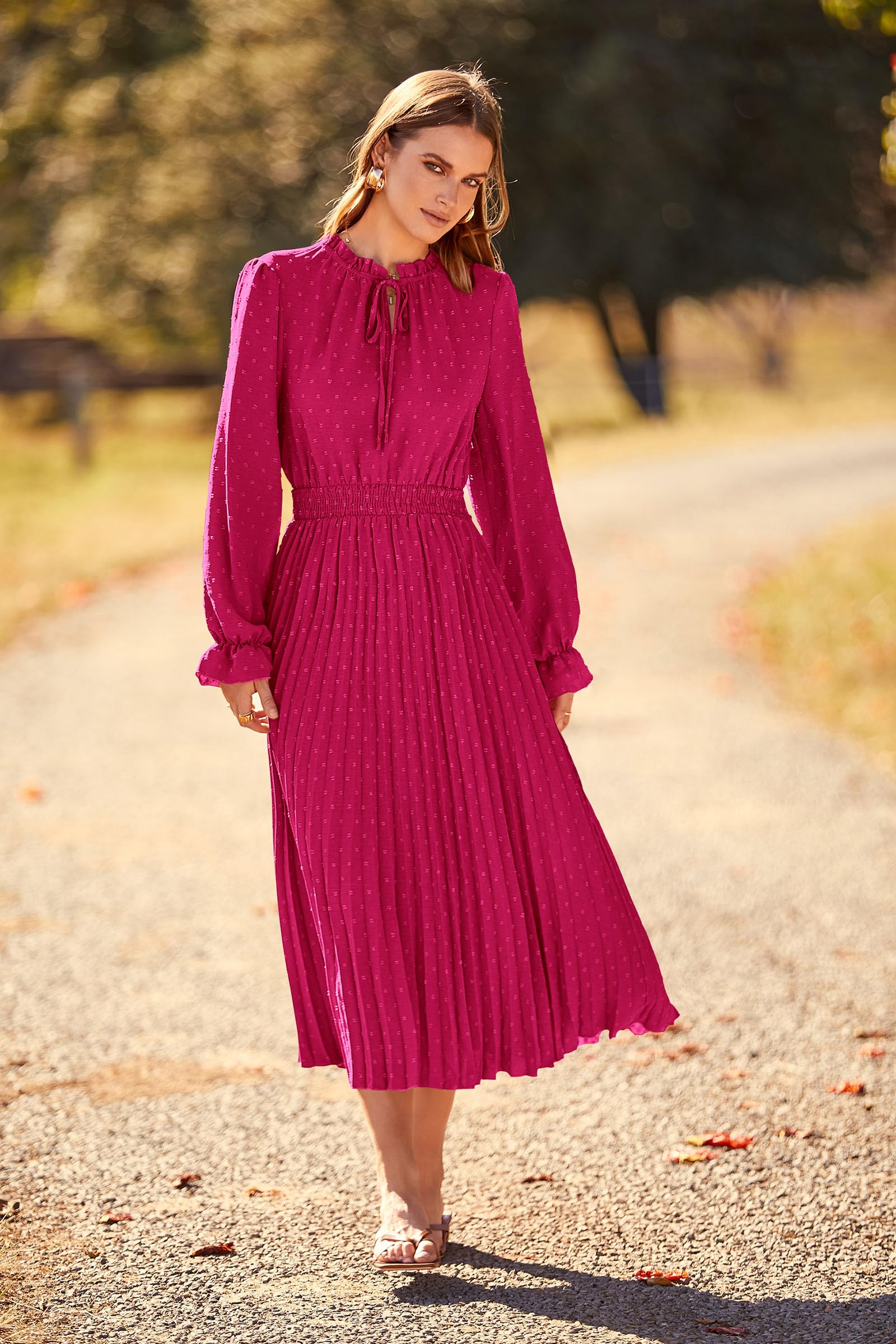 PRETTYGARDEN Women's Swiss Dot Pleated Midi Dress - Long Sleeve V-Neck A-Line Flowy Dress for Spring Fall 2025 | Casual Office Wear, Date Night & Special Occasions