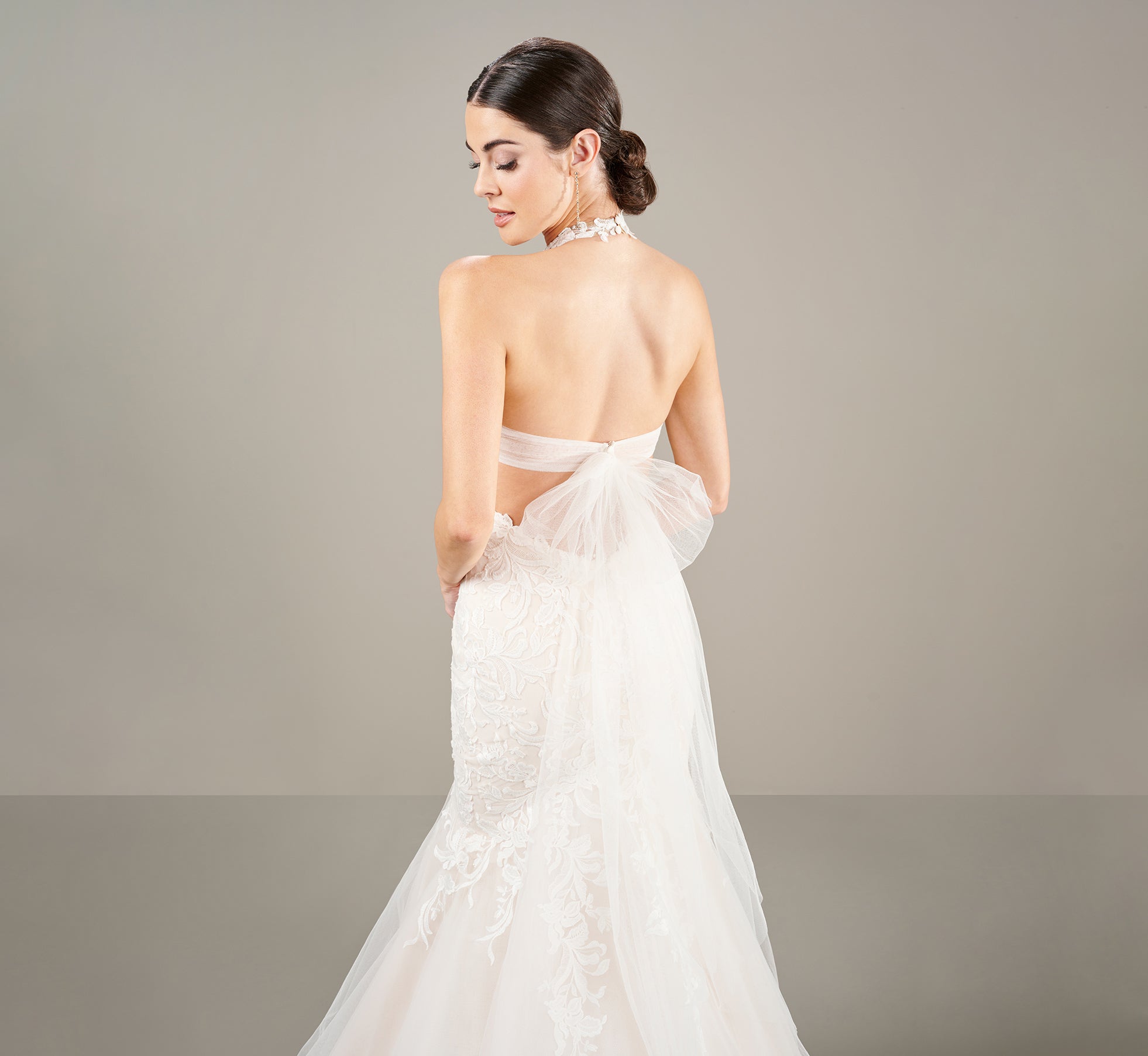 Ivory Almond Lace Applique Halter Wedding Gown - Elegant Bridal Dress for Beach, Garden & Outdoor Ceremonies