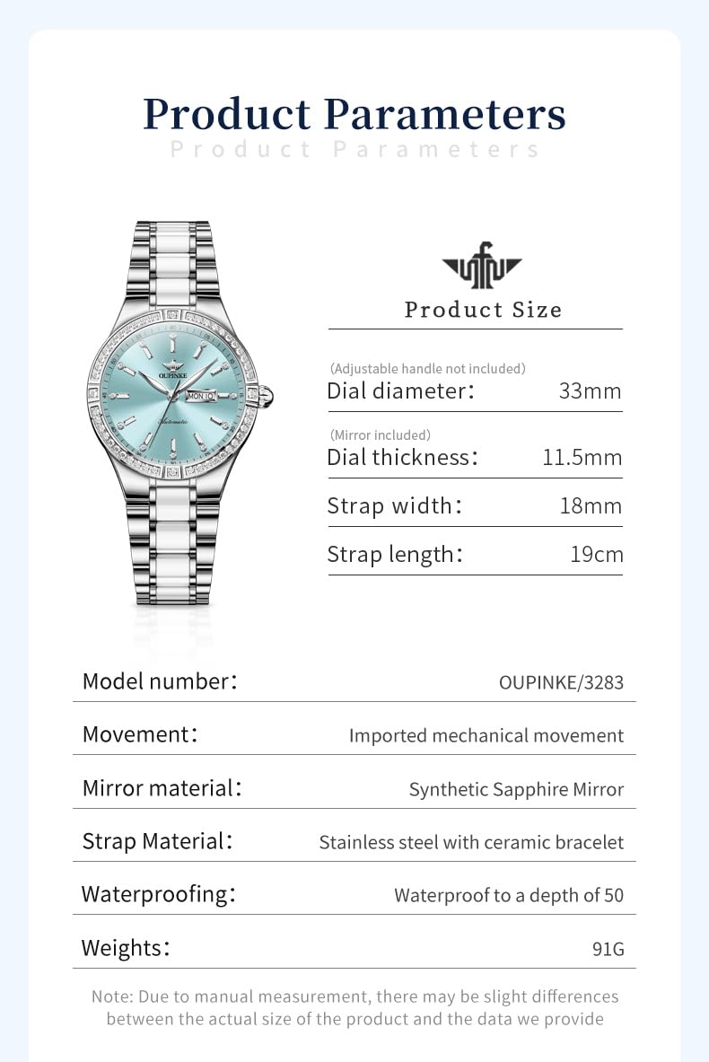 OUPINKE Luxury Automatic Women's Watch with Diamond Bezel, Self-Winding Stainless Steel, Sapphire Crystal & Ceramic Band - Elegant Dress Watch for Women, Perfect for Business, Parties & Special Occasions