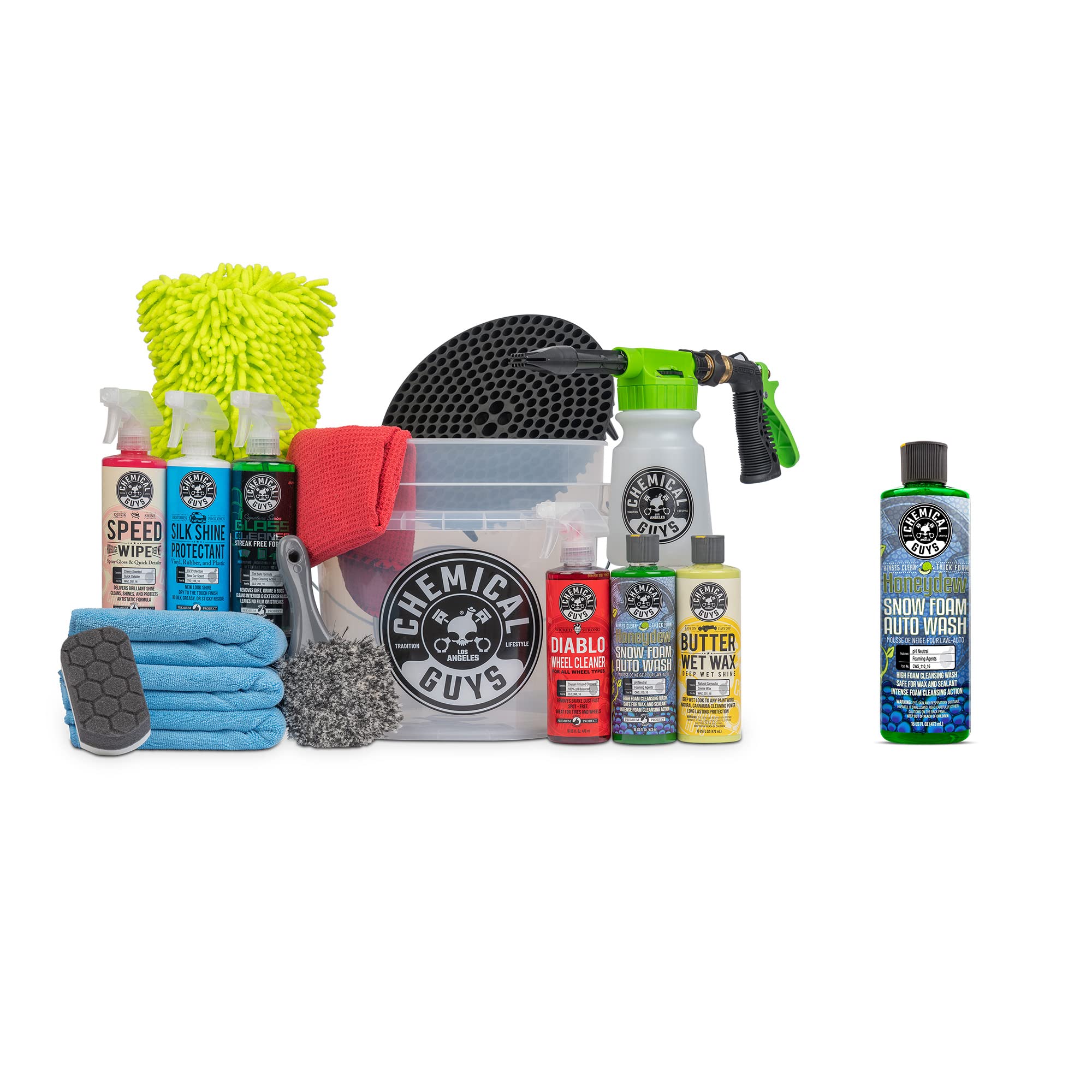 Chemical Guys CWS_110_16FG 10-Piece Car Wash Kit with Foam Gun, Bucket & 16 oz Car Care Chemicals (Includes Honeydew Snow Foam Soap) - Works with Garden Hose - Perfect for Home Car Washing, Detailing & Vehicle Maintenance
