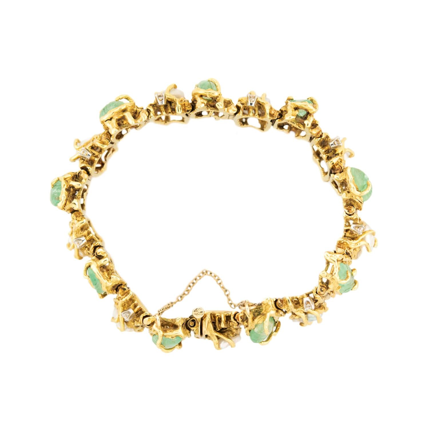 Vintage 18k Gold Emerald Pearl Diamond Bracelet for Women - Elegant Jewelry Gift for Anniversary, Wedding & Special Occasions