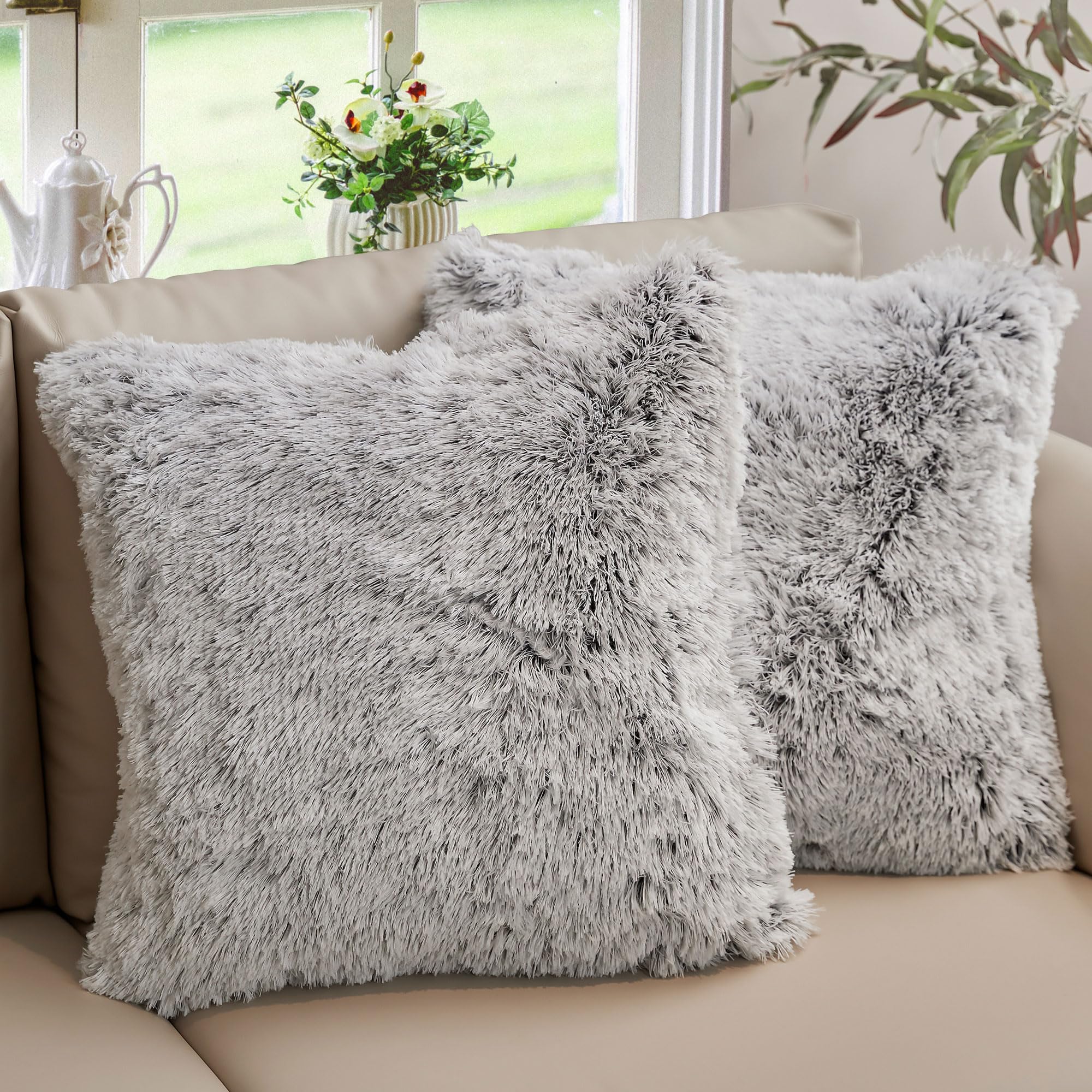 Soft Shaggy Throw Pillows for Couch & Bed - Set of 2 (18x18 Inches) with Inserts - Cozy Long Hair Faux Fur Pillows in Gray | Perfect for Living Room Decor, Bedroom Accents & Home Styling
