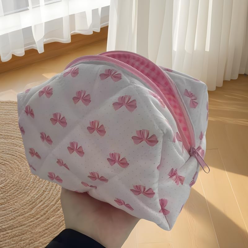 MIASHUI Cute Quilted Bow Makeup Bag | Y2K Preppy Floral Cosmetic Pouch | Women's Toiletry Organizer Travel Bag (Pink) | Perfect for School, Travel & Gift Giving