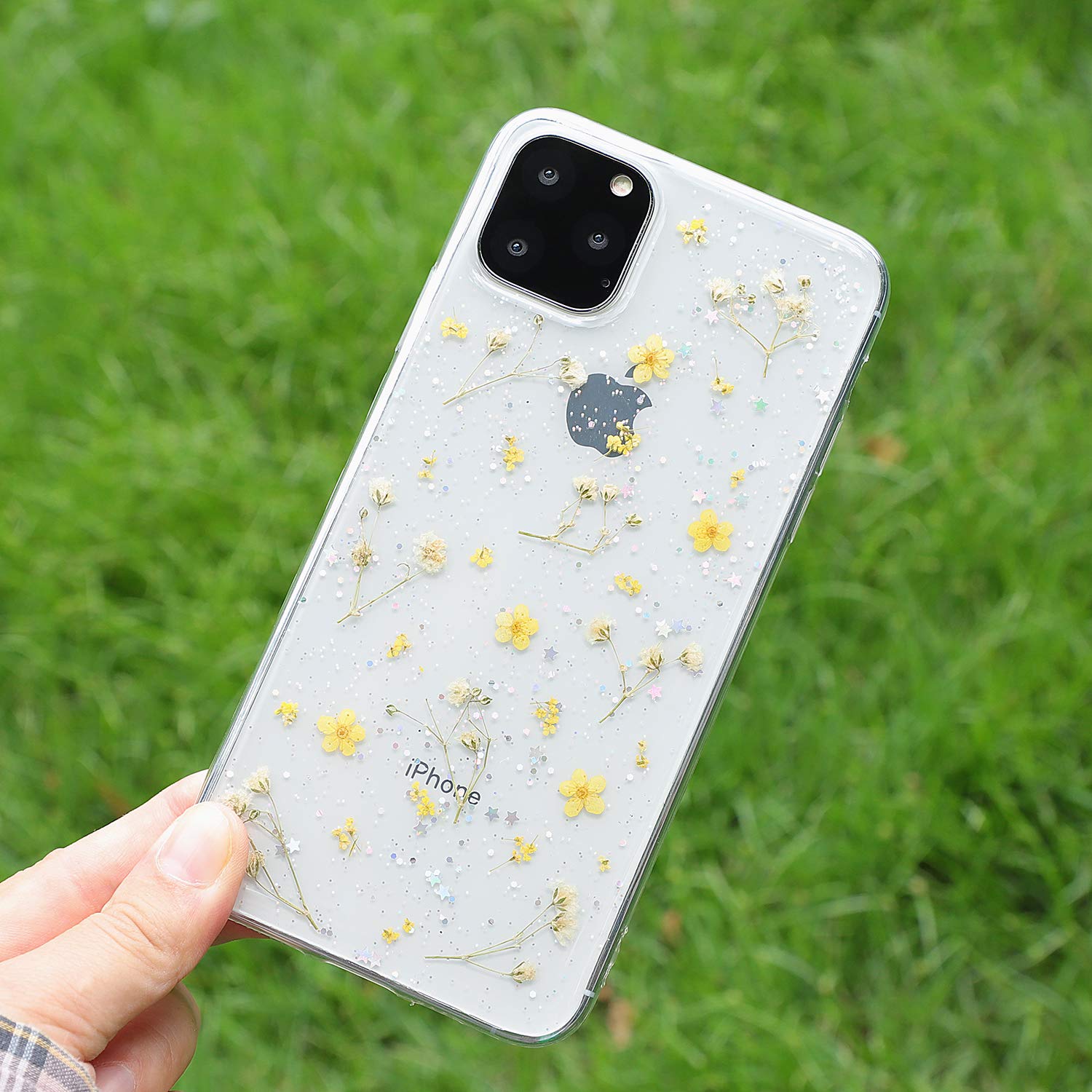 Premium Clear Floral iPhone 15 Case with Real Pressed Flowers - Soft Rubber Glitter Phone Cover for Women (Yellow) | Trendy Protective Case for Everyday Use & Special Occasions