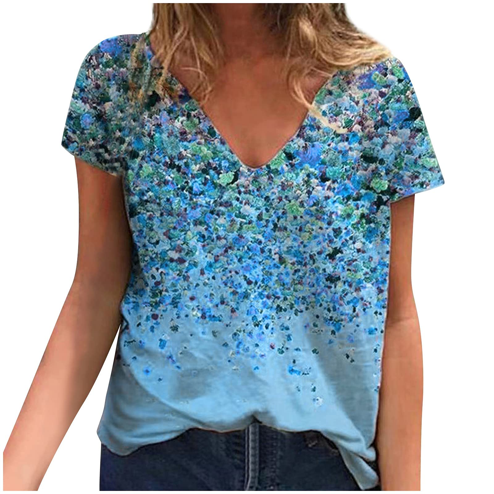 Women's Fashion V-Neck Short Sleeve T-Shirt - Spring Casual Printed & Color Block Tops for Ladies 2022 | Perfect for Daily Wear, Office Outfits & Weekend Hangouts
