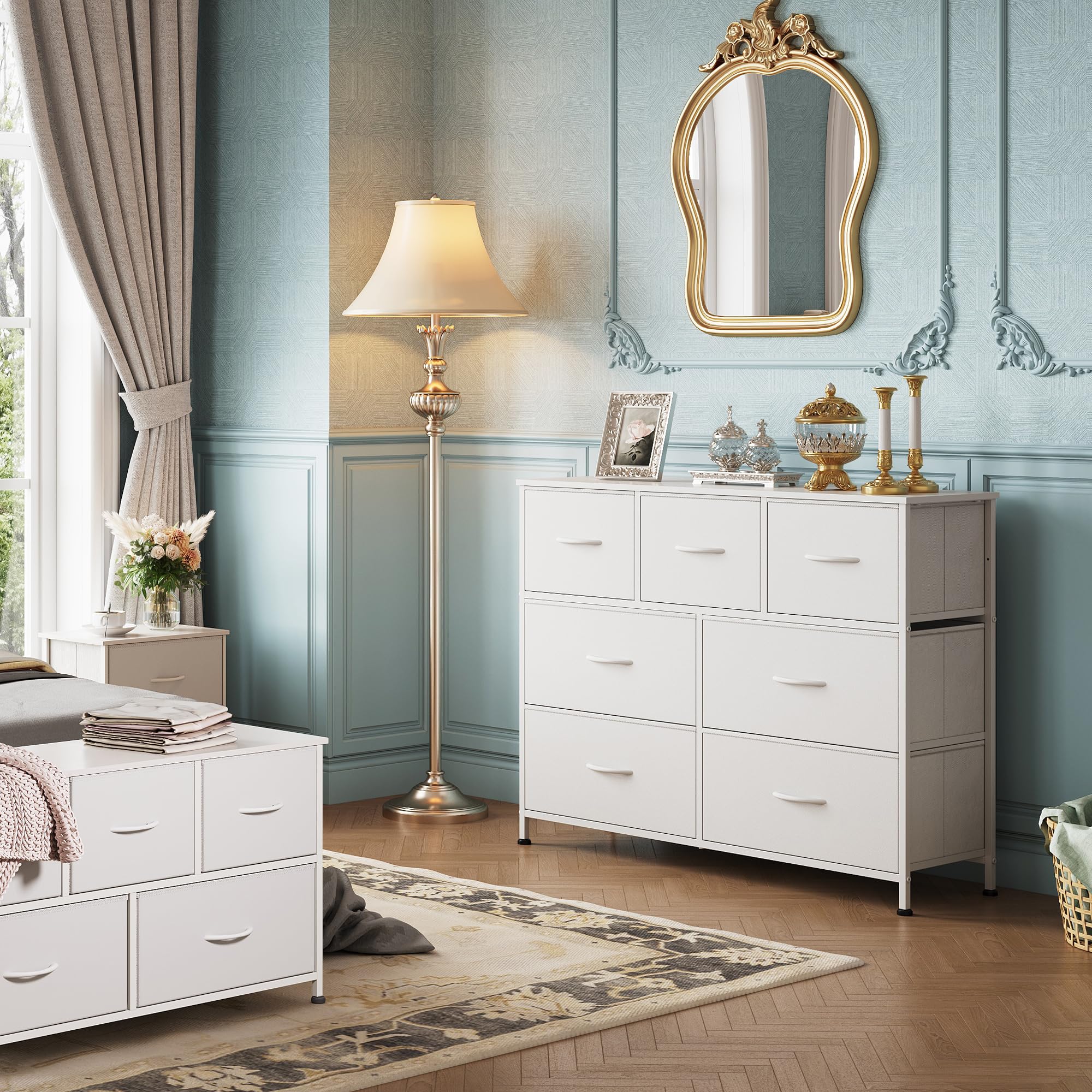 WLIVE 7-Drawer Dresser TV Stand - White Fabric Storage Tower with Sturdy Steel Frame & Wood Top - Easy Pull Handle for Bedroom, Hallway, Entryway & Closet Organization - Perfect for Small Spaces & Apartment Living