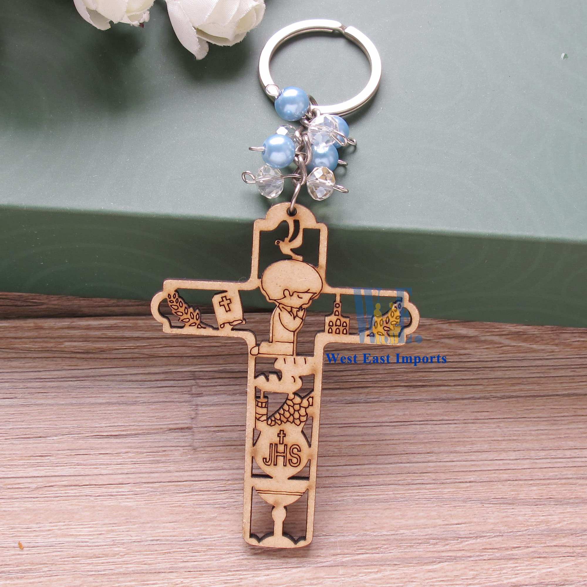 12-Piece First Holy Communion Wooden Keychain Set - Religious Keepsake Gift for Boys, Party Favors, Baptism Souvenirs - Perfect for Church Events, Sunday School, and Christian Celebrations