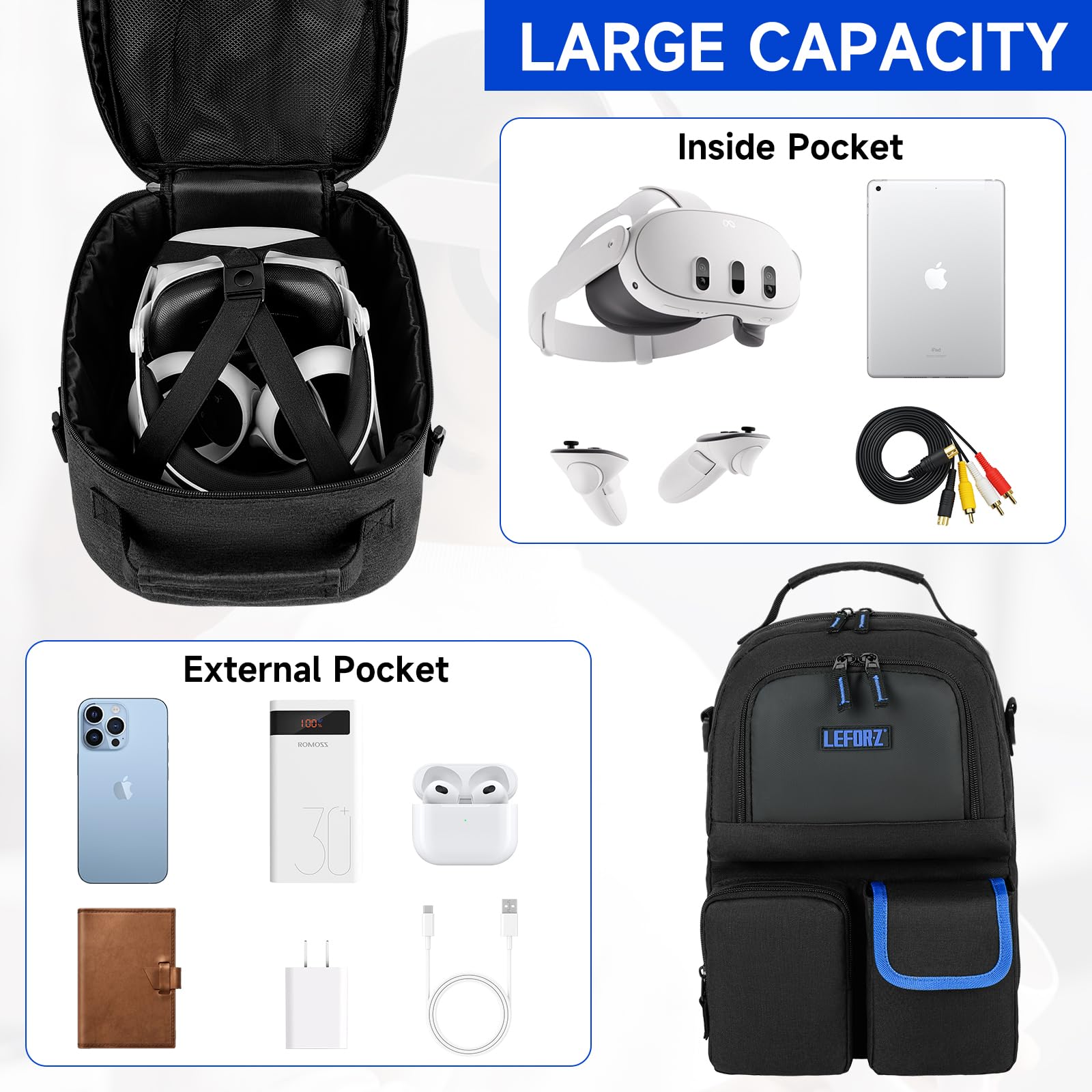 Meta Quest 3S/3, Oculus Quest 2/Pro & Vision Pro VR Headset Carrying Case - Travel Storage Bag for Elite Version VR Gaming Headset, Touch Controllers & Accessories | Perfect for Travel, Gaming Events & Home Storage