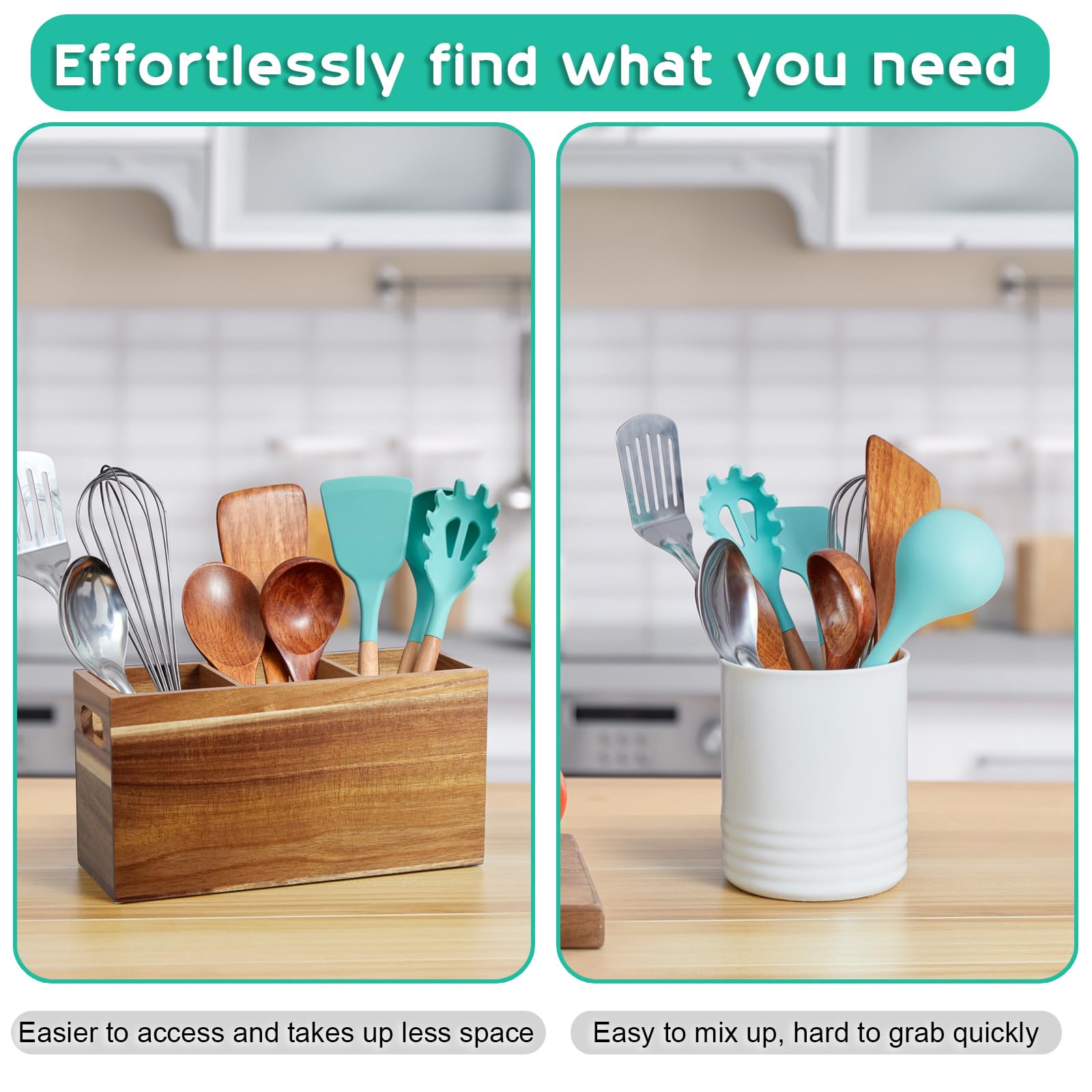 ALELION Acacia Wood Kitchen Utensil Holder - 3 Compartment Countertop Organizer for Spoons, Spatulas & Cooking Tools - Farmhouse Style Kitchen Decor for Counter, Pantry & Dining Room Storage