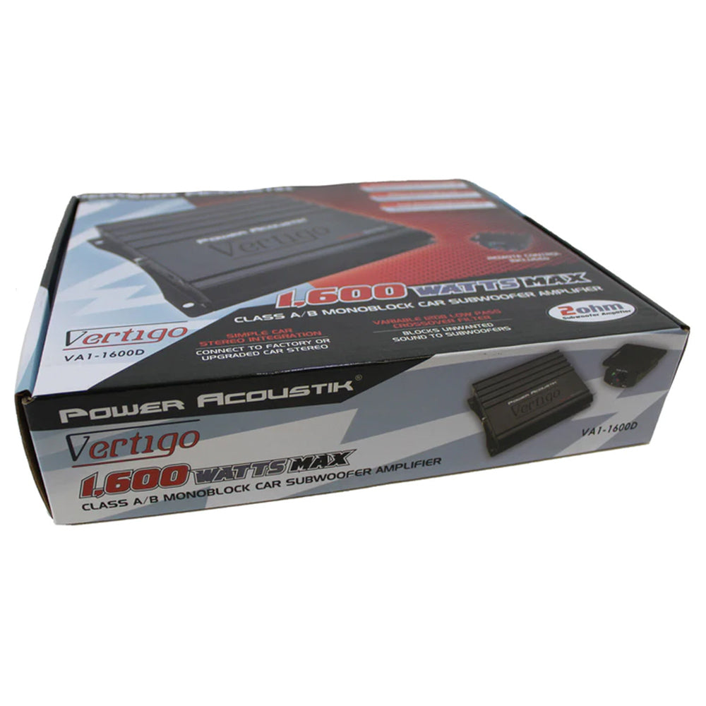 Power Acoustik VA1 1600D 1600W Monoblock Car Amplifier - Class A/B Bass Boost with Remote Control | Perfect for Car Audio Systems, Subwoofers, and Bass Enhancement