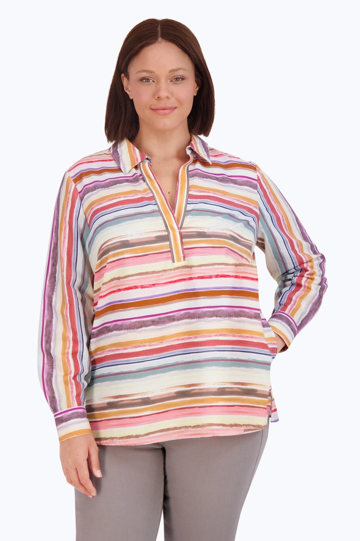 Sophia Plus Women's Watercolor Stripe Long Sleeve Popover Shirt - Casual Button Down Blouse for Work, Date Night & Spring Outfits