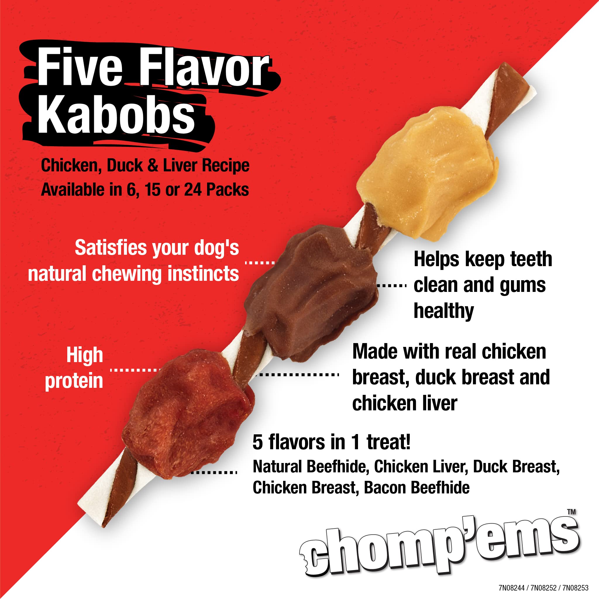 CHOMP 'EMS Five Flavor Kabobs Dog Treats - Beefhide Chewsticks for Dogs - High Protein, Long-Lasting Dog Chews (15 Count) - Perfect for Training, Teething & Dental Health