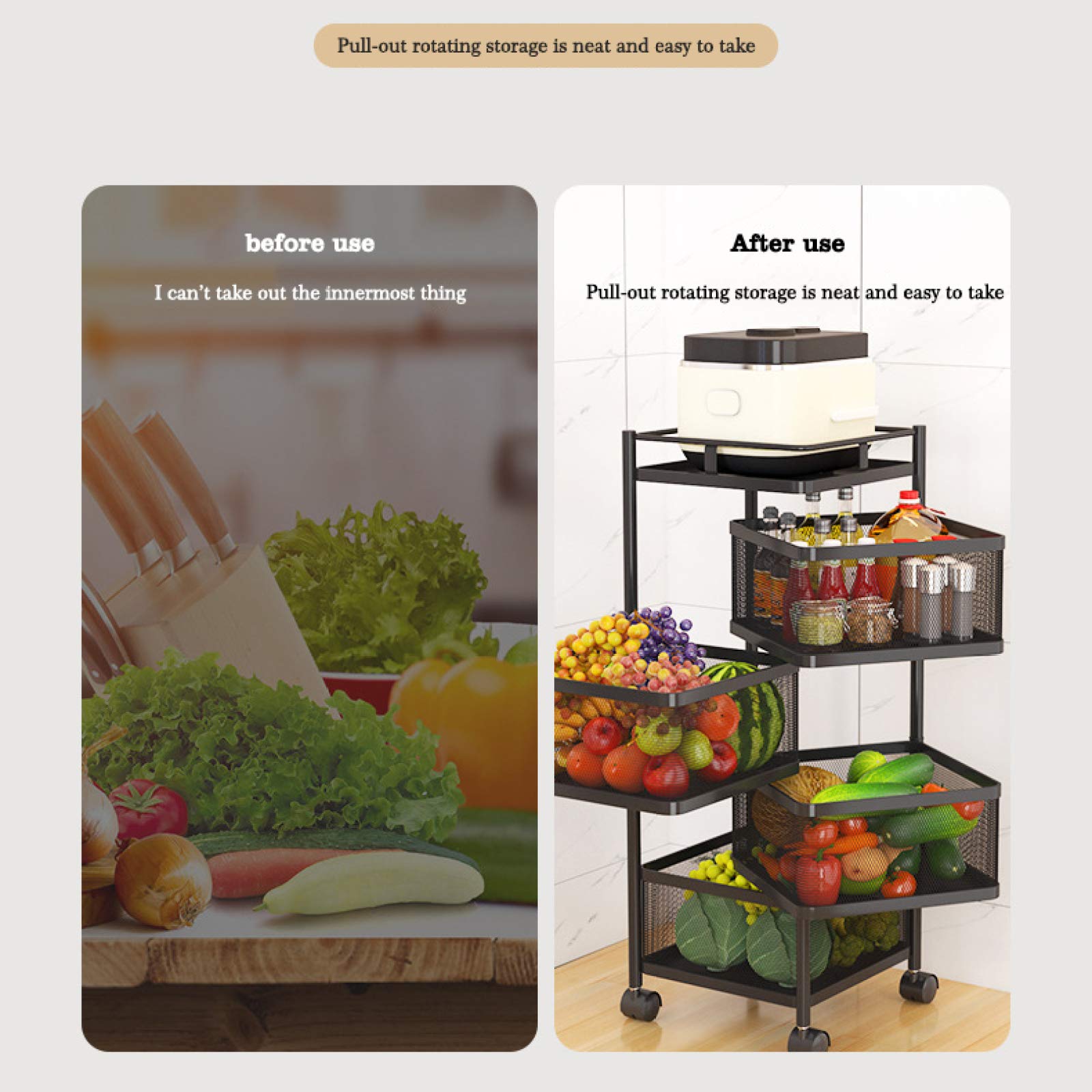 ZKHD 4-Tier Rotatable Kitchen Cart with Wheels - Black Floor Standing Storage Trolley for Fruits, Vegetables & Kitchen Organization | Perfect for Small Spaces, Pantry Storage & Mobile Food Prep Station