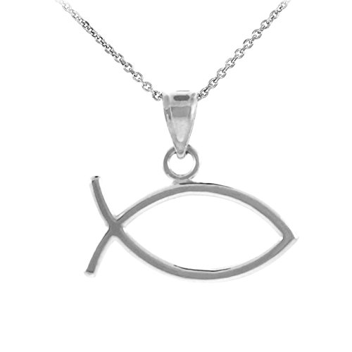 10K White Gold Horizontal Ichthus Christian Fish Pendant Necklace for Women - Religious Jewelry Gift for Baptism, Confirmation & Everyday Faith Wear
