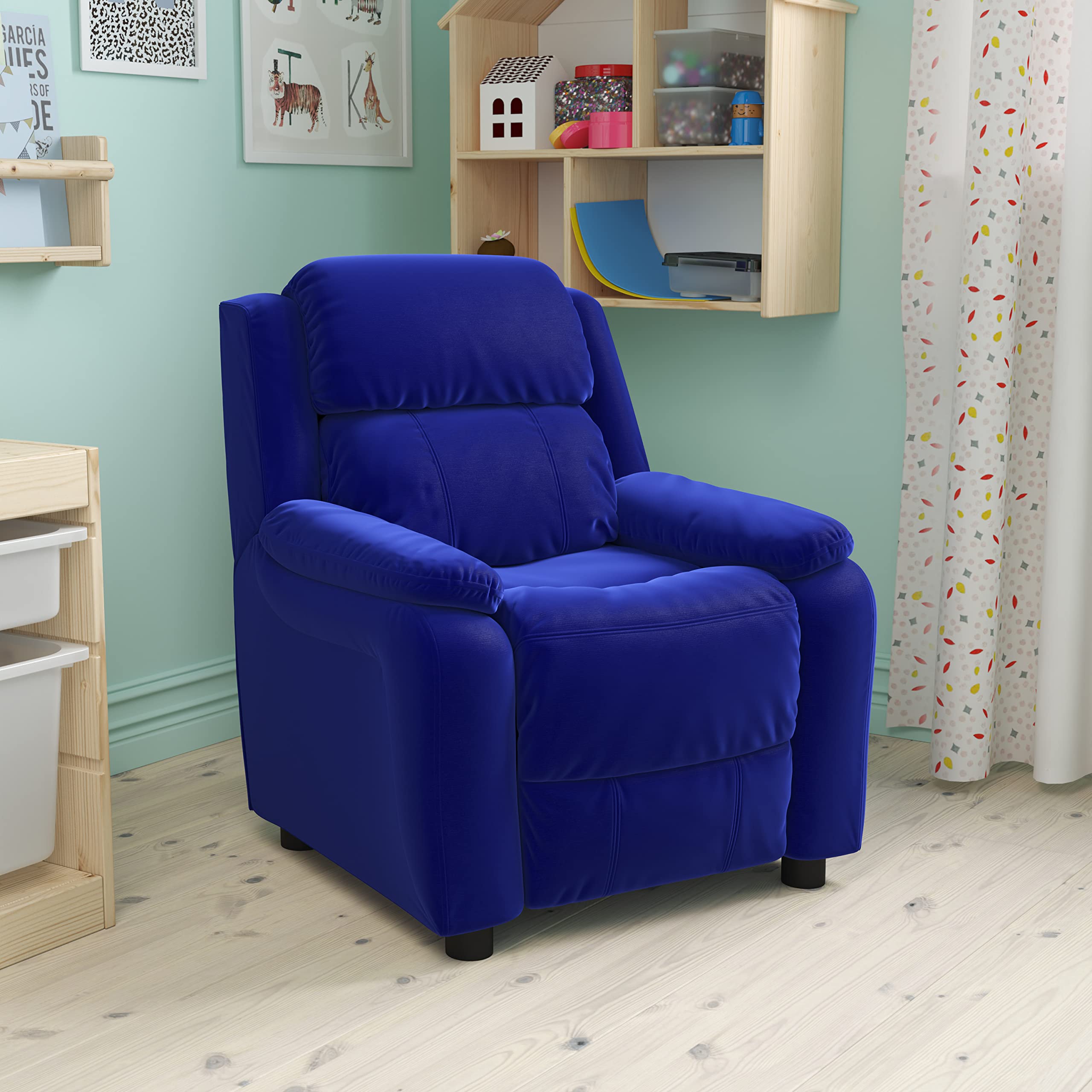 BizChair Deluxe Padded Blue Microfiber Kids Recliner with Storage Arms - Comfortable Children's Chair for Reading, Gaming & Relaxing in Bedroom or Playroom
