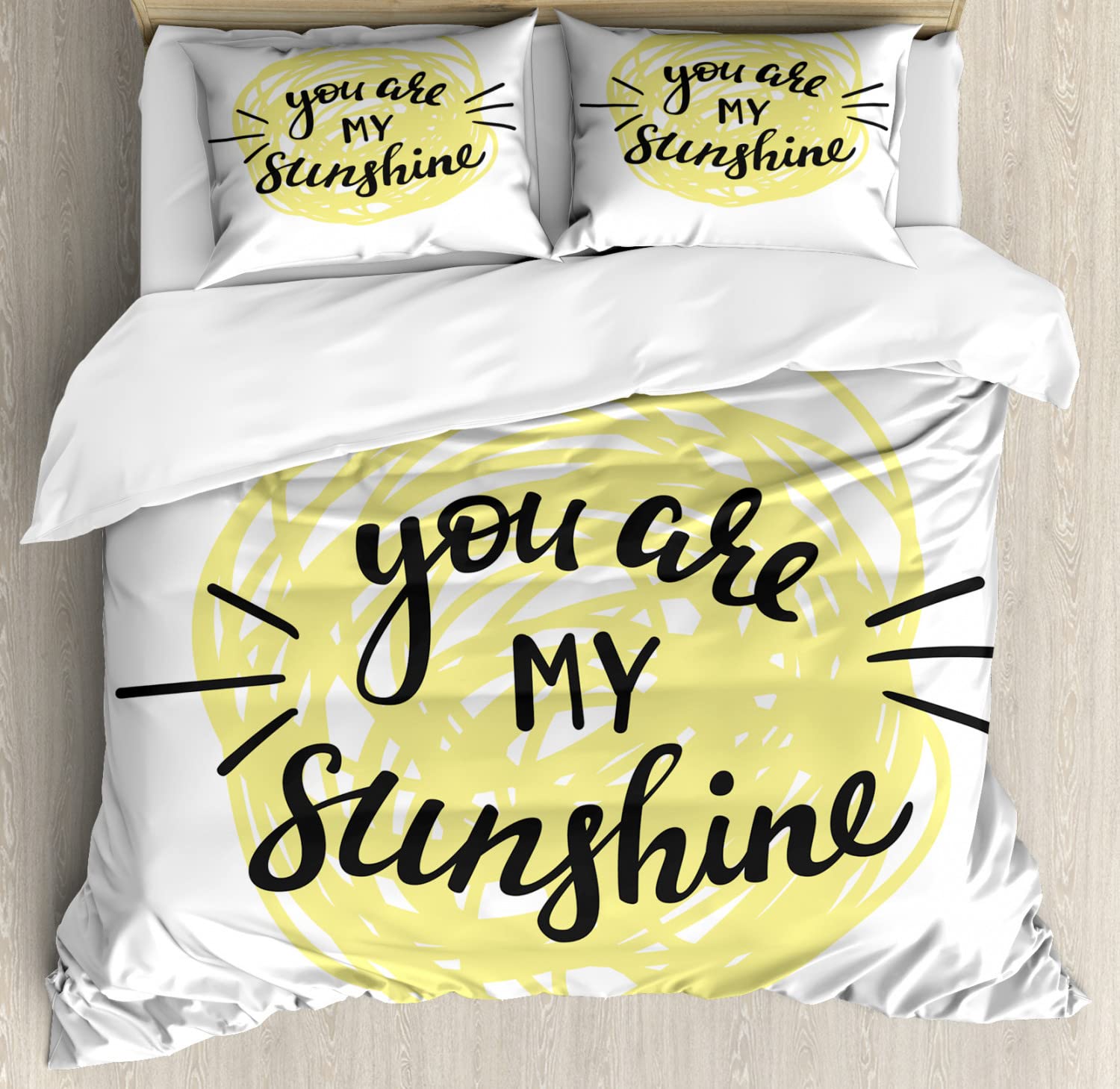 Ambesonne Modern Love Words Duvet Cover Set - Hand Drawn Circle Scribbles Romantic Print, 2-Pack King Size Bedding Set with 2 Duvet Covers & 4 Pillowcases, Pale Yellow & Black - Perfect for Couples Bedroom, Valentine's Day Gift & Cozy Home Decor