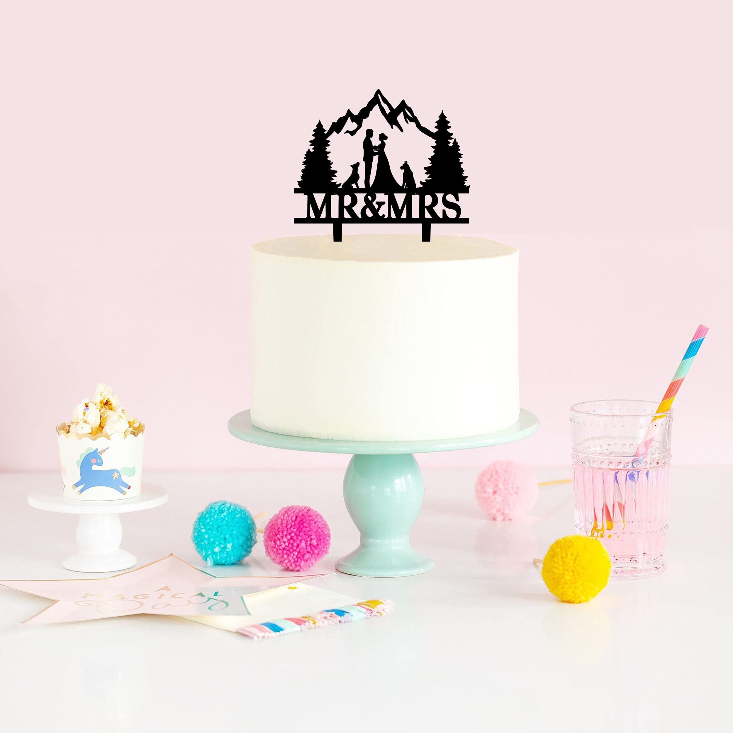 Mountain Wedding Cake Topper - Mr & Mrs Forest Theme Cake Decorations for Outdoor Weddings (Mountain and Dog Design) - Perfect for Rustic, Nature-Inspired & Adventure-Themed Weddings