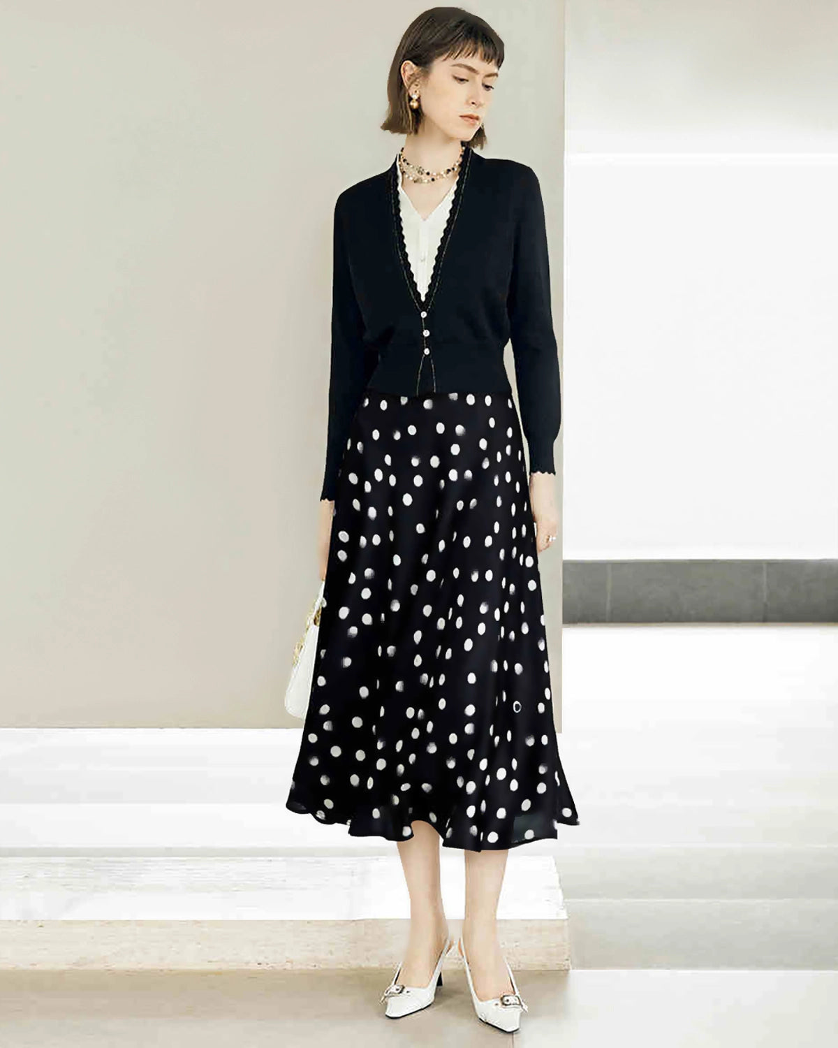 Polka Dot Print Silk Midi Skirt for Women - Elegant Flowy A-Line Skirt with Side Slit | Perfect for Office Wear, Date Night & Summer Outfits
