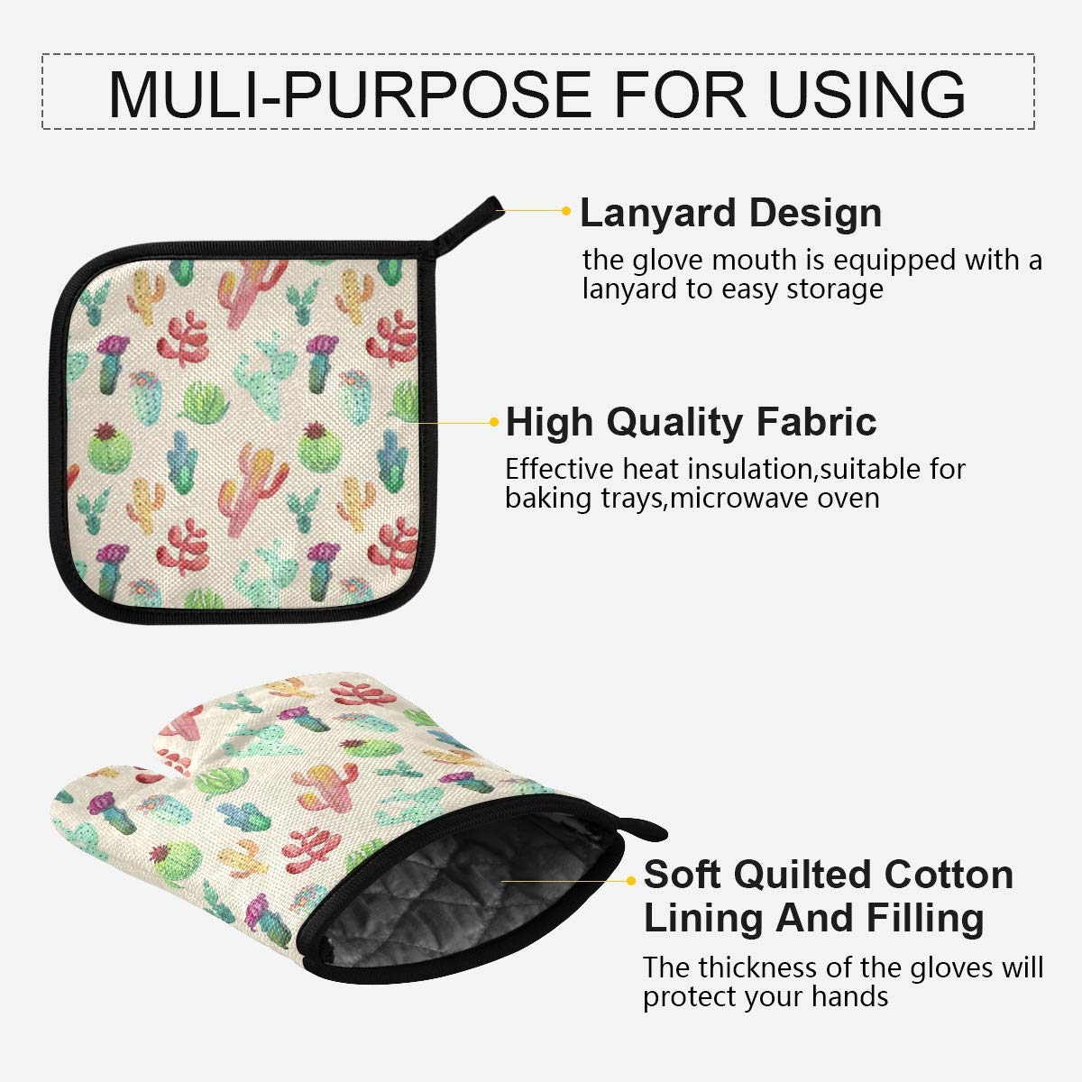 ALAZA Cartoon Cactus Oven Mitts & Pot Holders Set - Heat Resistant Kitchen Gloves for Cooking, Baking, Grilling - Perfect for BBQ, Baking Cookies & Protecting Hands from Hot Pans