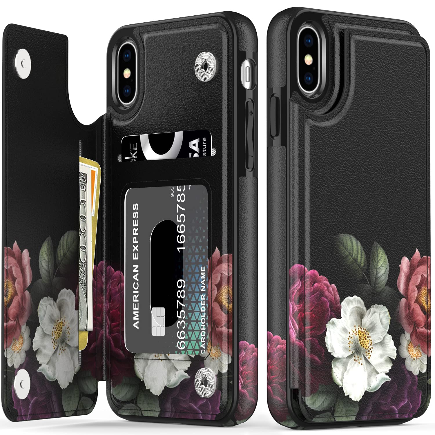 Premium Leather Wallet Case for iPhone X/Xs - Fashionable Floral Design, Flip Folio Cover with Kickstand & Card Slots | Protective Phone Case for Women & Girls | Perfect for Work, Travel & Everyday Use